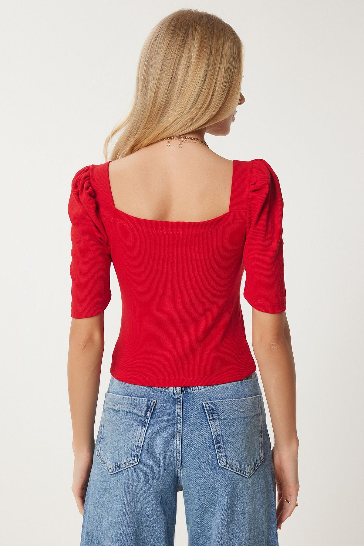 WOMEN BLACK RED 2 PC Package Square Collar Crop Blouse GT00233