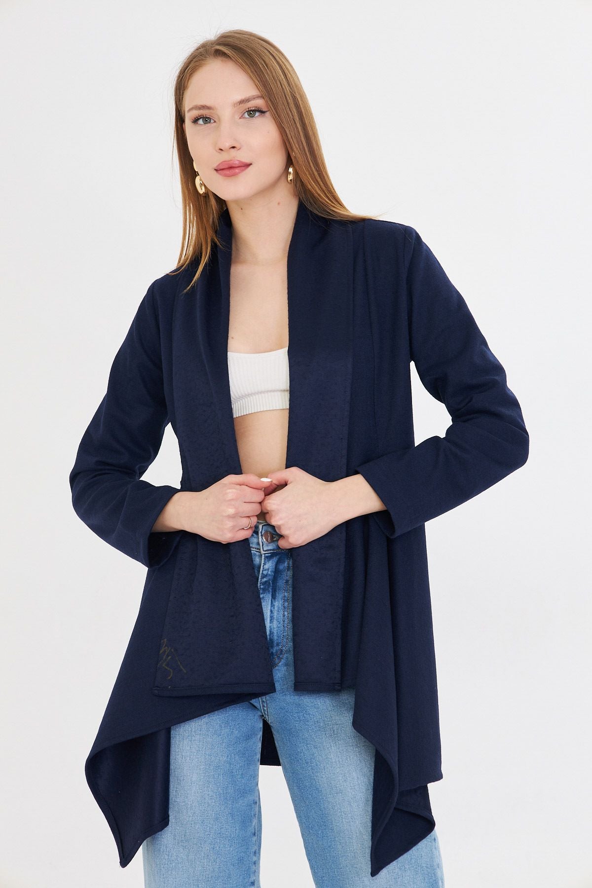 Woman Navy Blue Shawl Yaka Stamp Shabby Cardigan ARM-25K001116