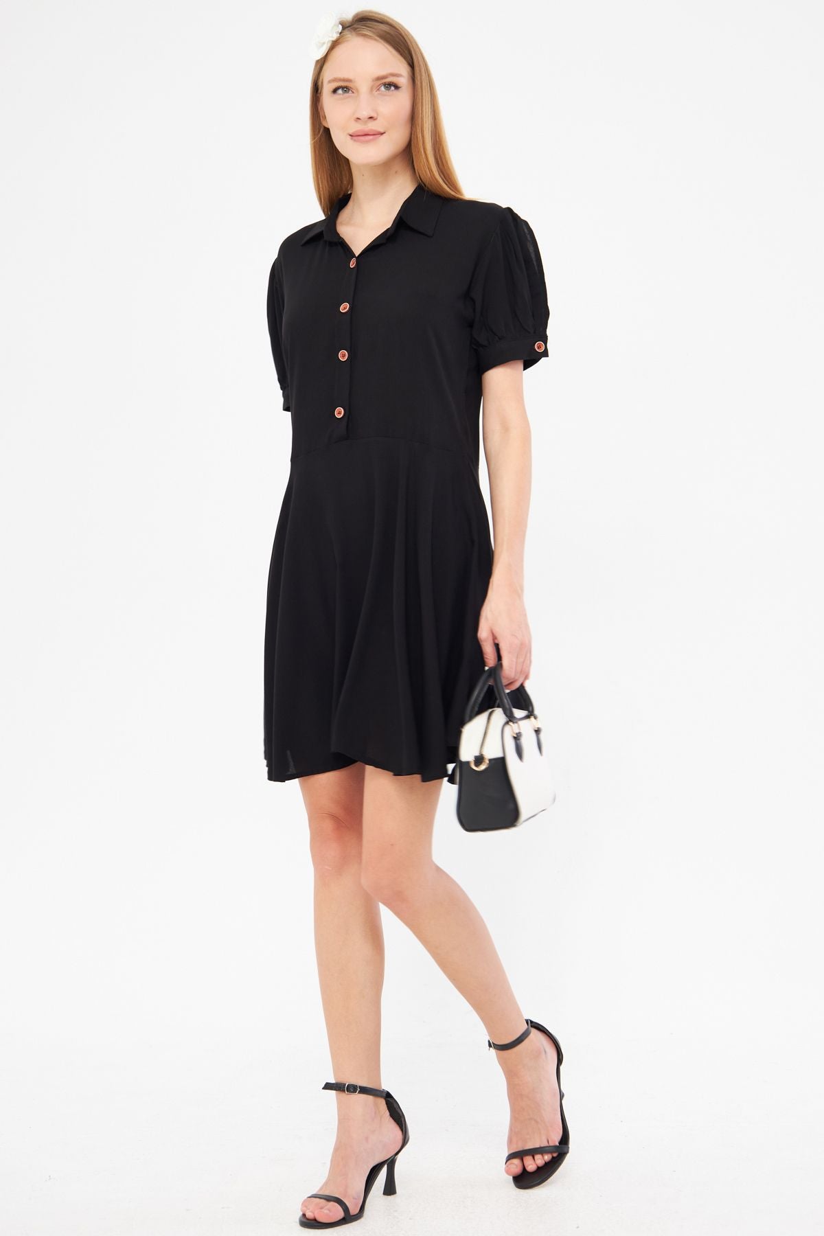 Female black shirt collar handle slit detailed closh watermelon sleeve dress ARM-24Y001083