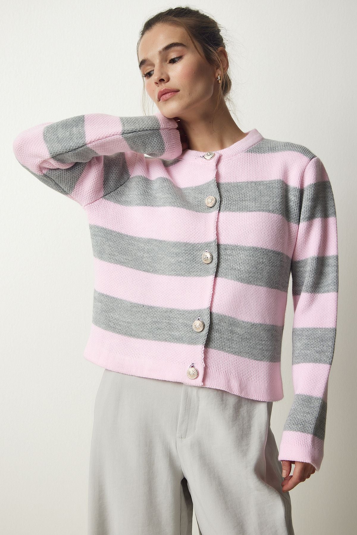 Woman Pink Gray stylish button striped knitwear cardigan NF00078