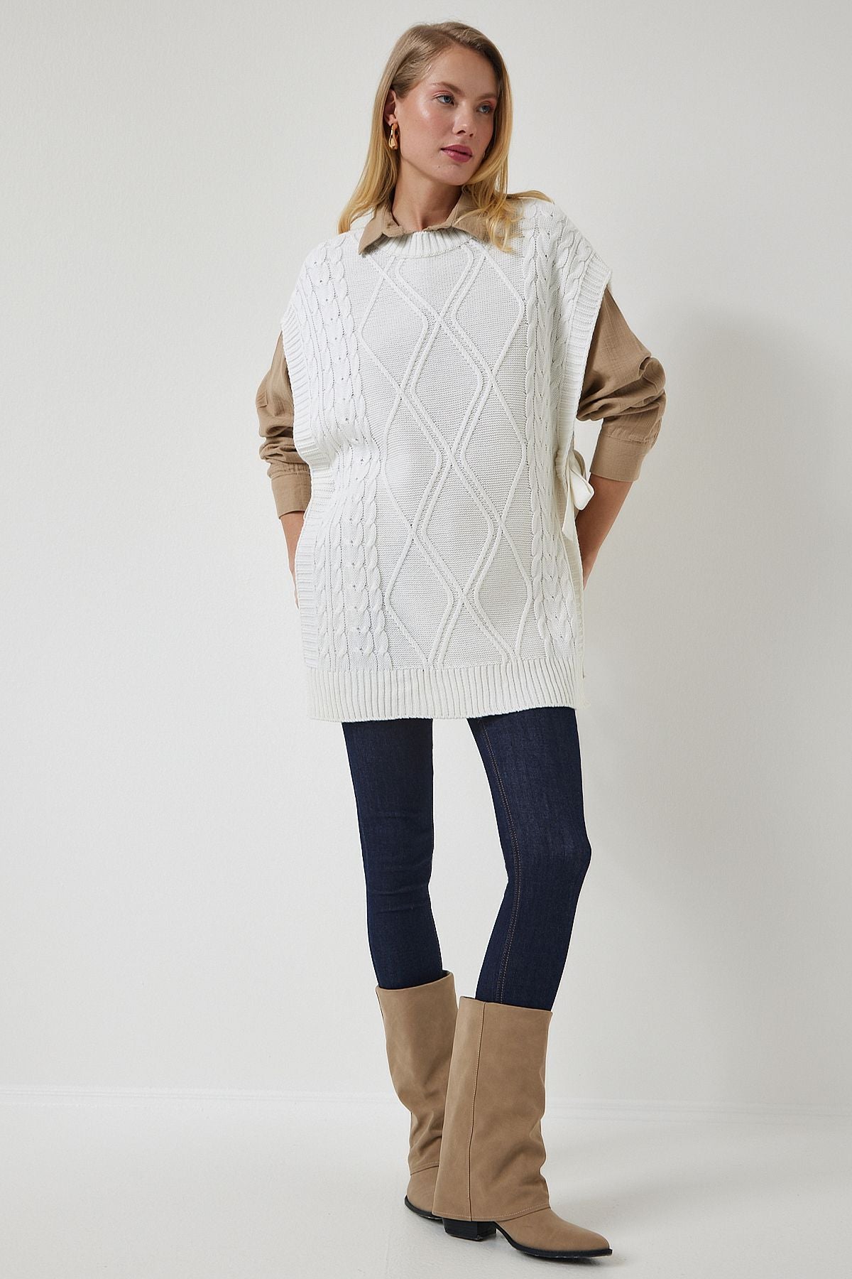 Woman Ekru Binding Detailed Oversiz Knitwear Süveter YG00104