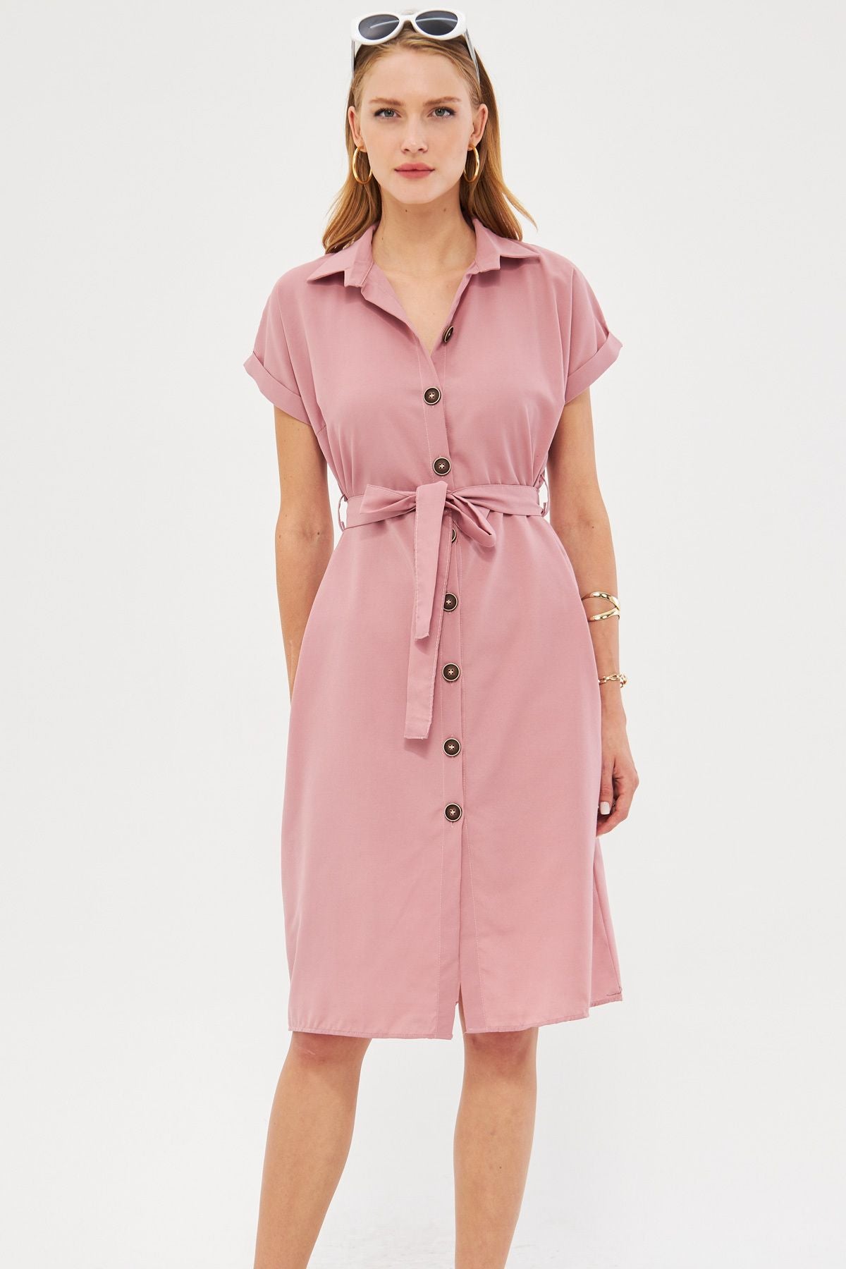 WOMEN OPEN ROSE DRY WALL Belt Short Sleeve Shirt Dress ARM-19Y001068