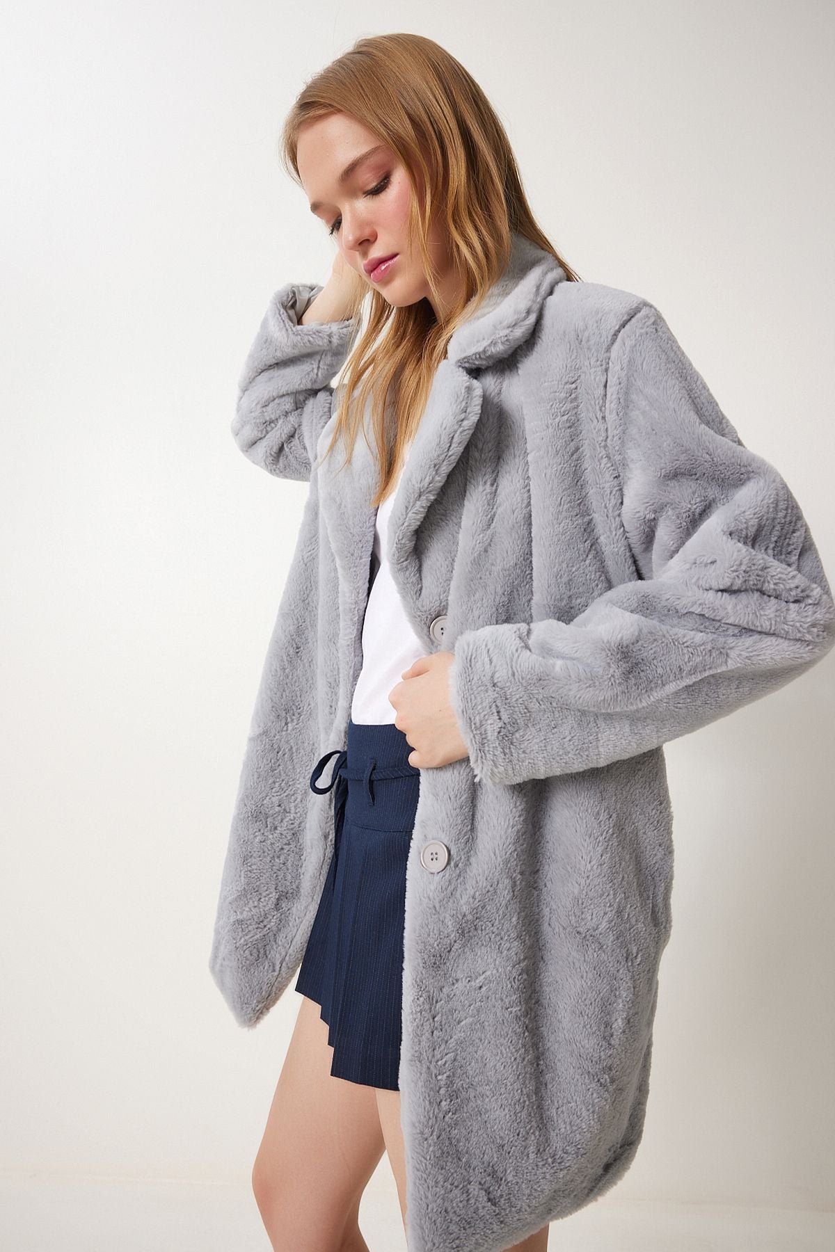 Women's Stone Gray Artificial Fur Coat Rv00072