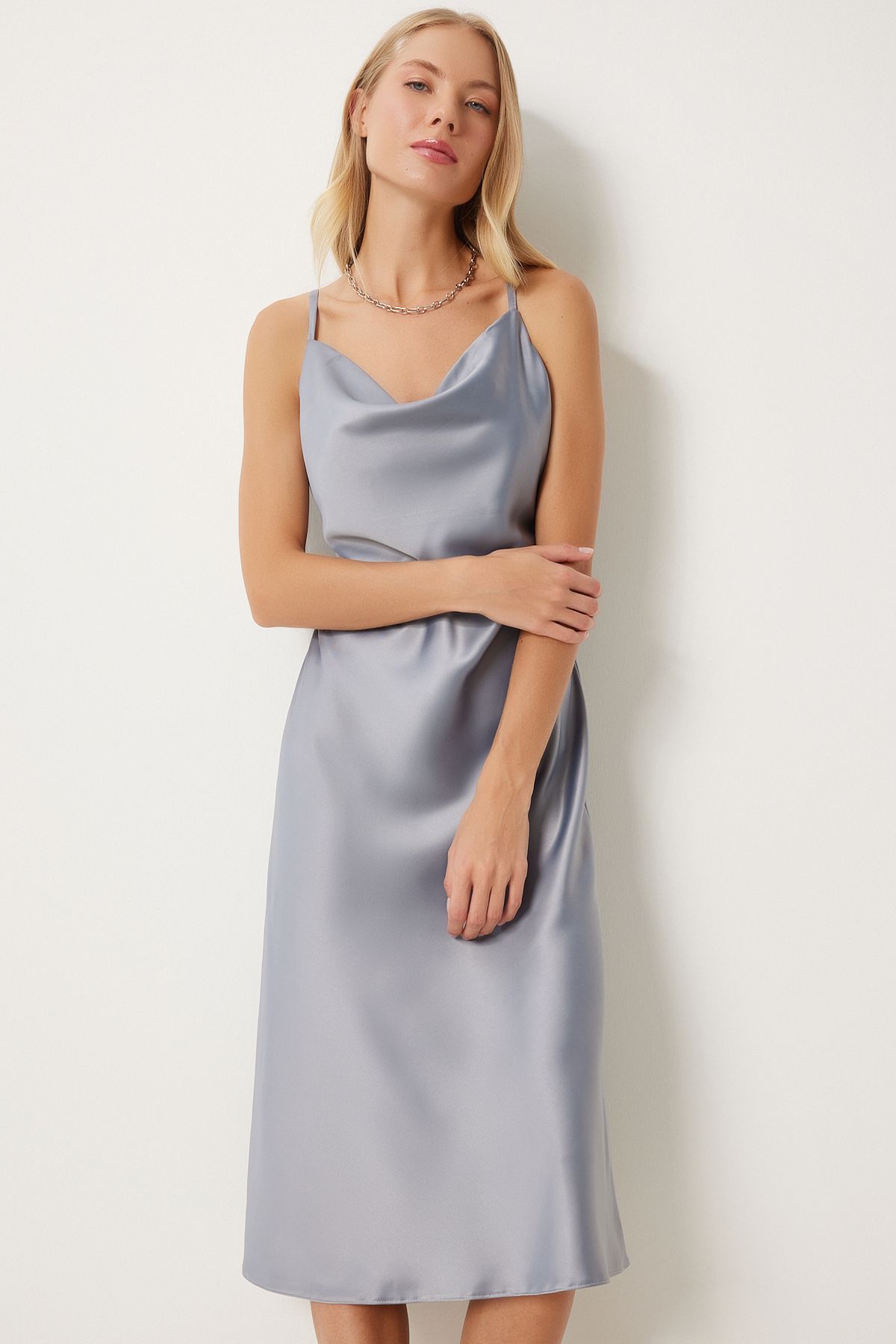 Woman Gray Degage Yaka Satin Surface Dress FN03300