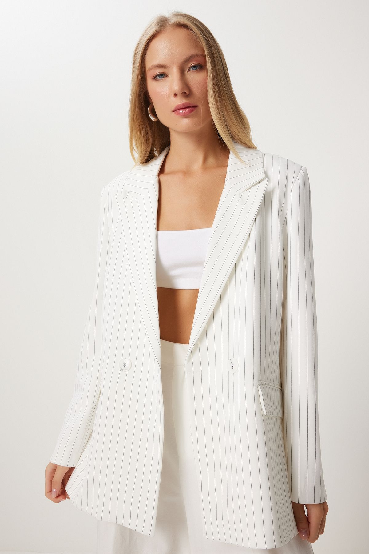 Woman Ekru Fine Striped Oversiz Cruve Jacket to00152