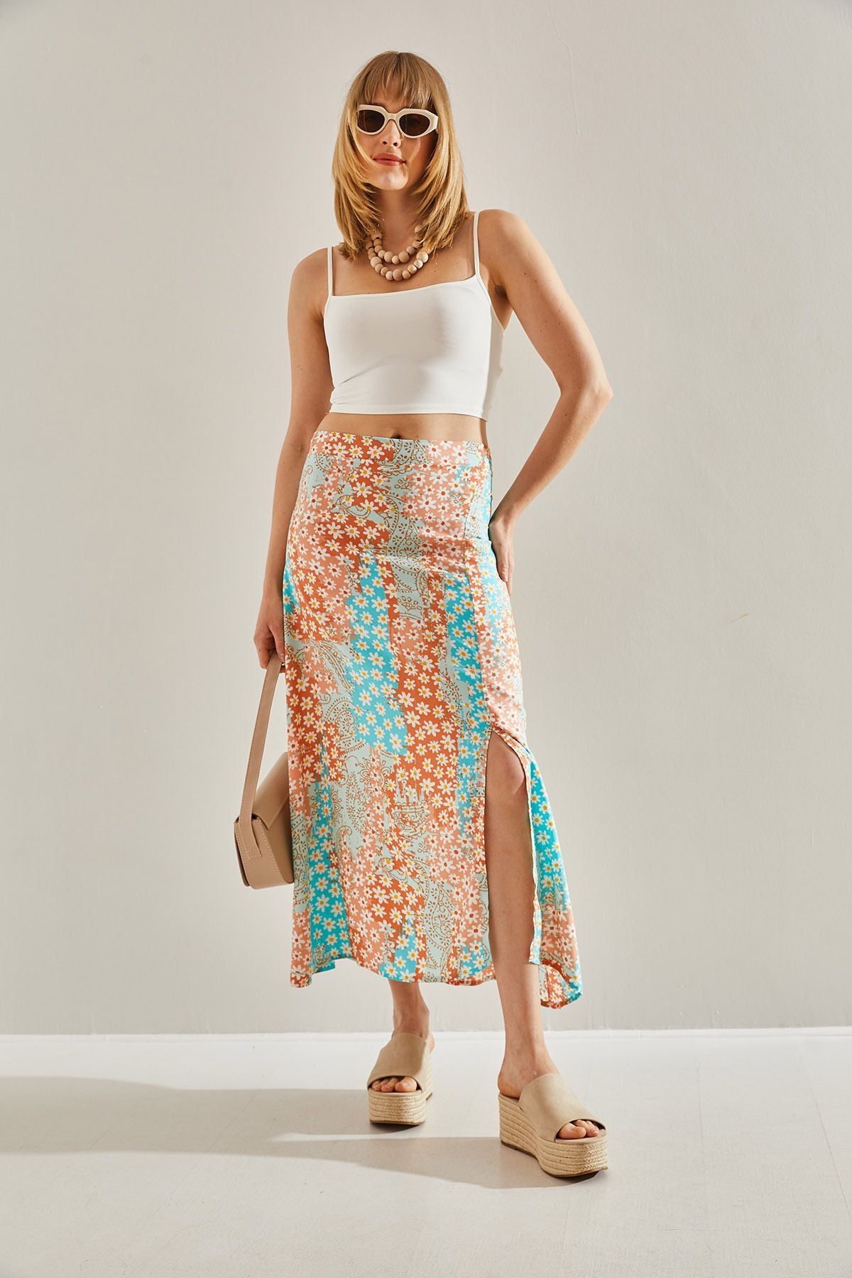 Women's turquoise-orange side hidden zipper slitted floral skirt 60251034