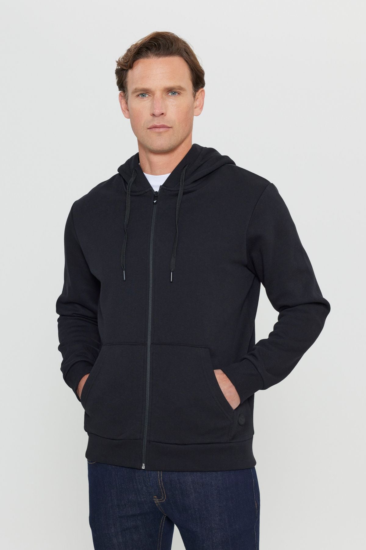 Men's Black Standard Fit Normal Cutting Içi Polar 3 -Tick Hoped Zippered Sweatshirt Jacket