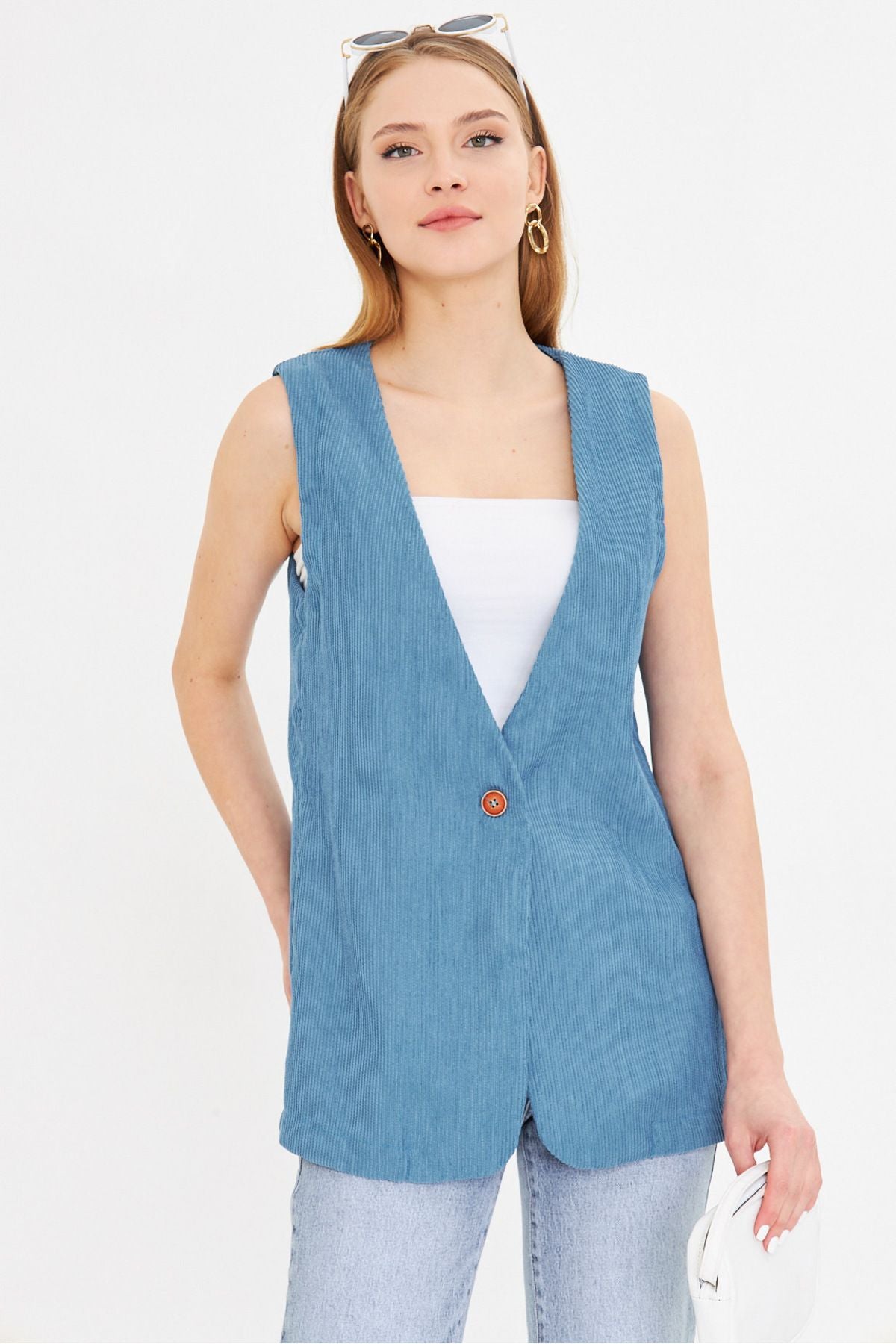 Woman Blue V-Neck Single Button Oversizle Thick Wick Velvet Vest Arm-25k001016