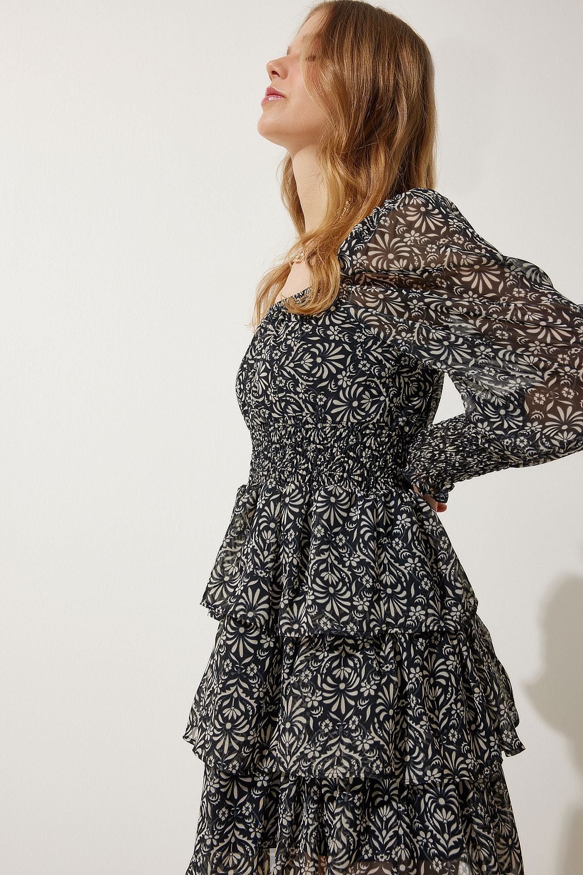 Female Black Cream Flower Carmen collar chiffon dress DK00146