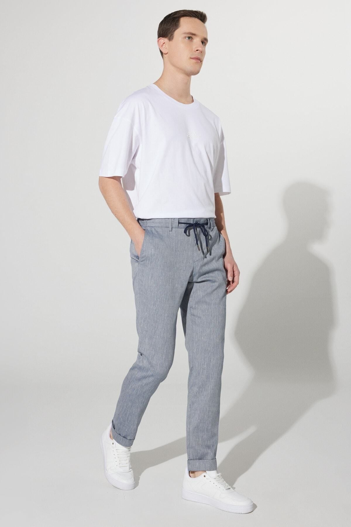 Men's navy blue slim fit narrow -cut linen mixed waist tied jogger pants