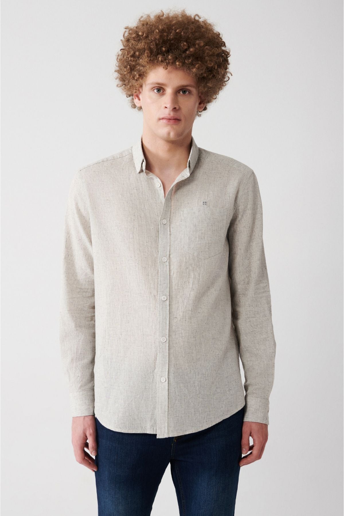 Men's gray cotton linen bottom button shirt A31Y2082