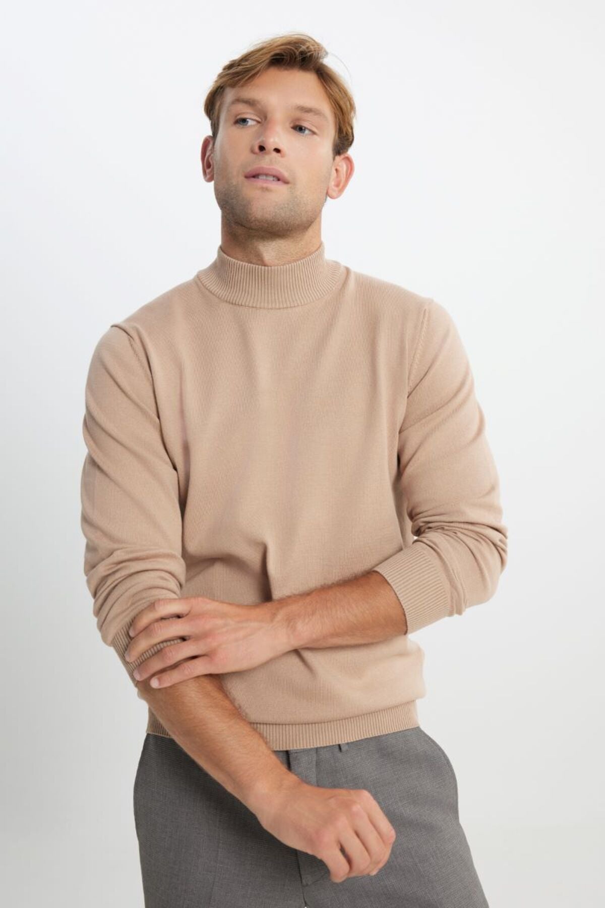 Cotton Standard Fit Normal Cut Half Fisherman Neckline knitwear beige sweater