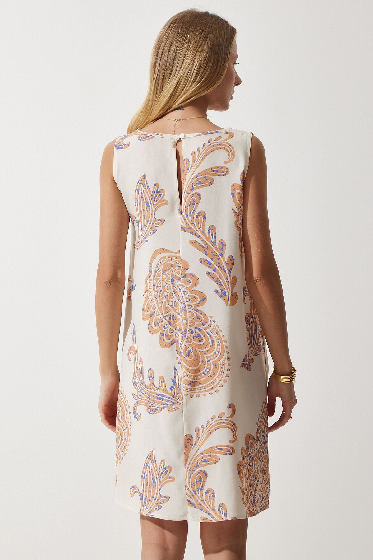 Women's Cream Peach Patterned Linen Viscose Mini Dress BH00343