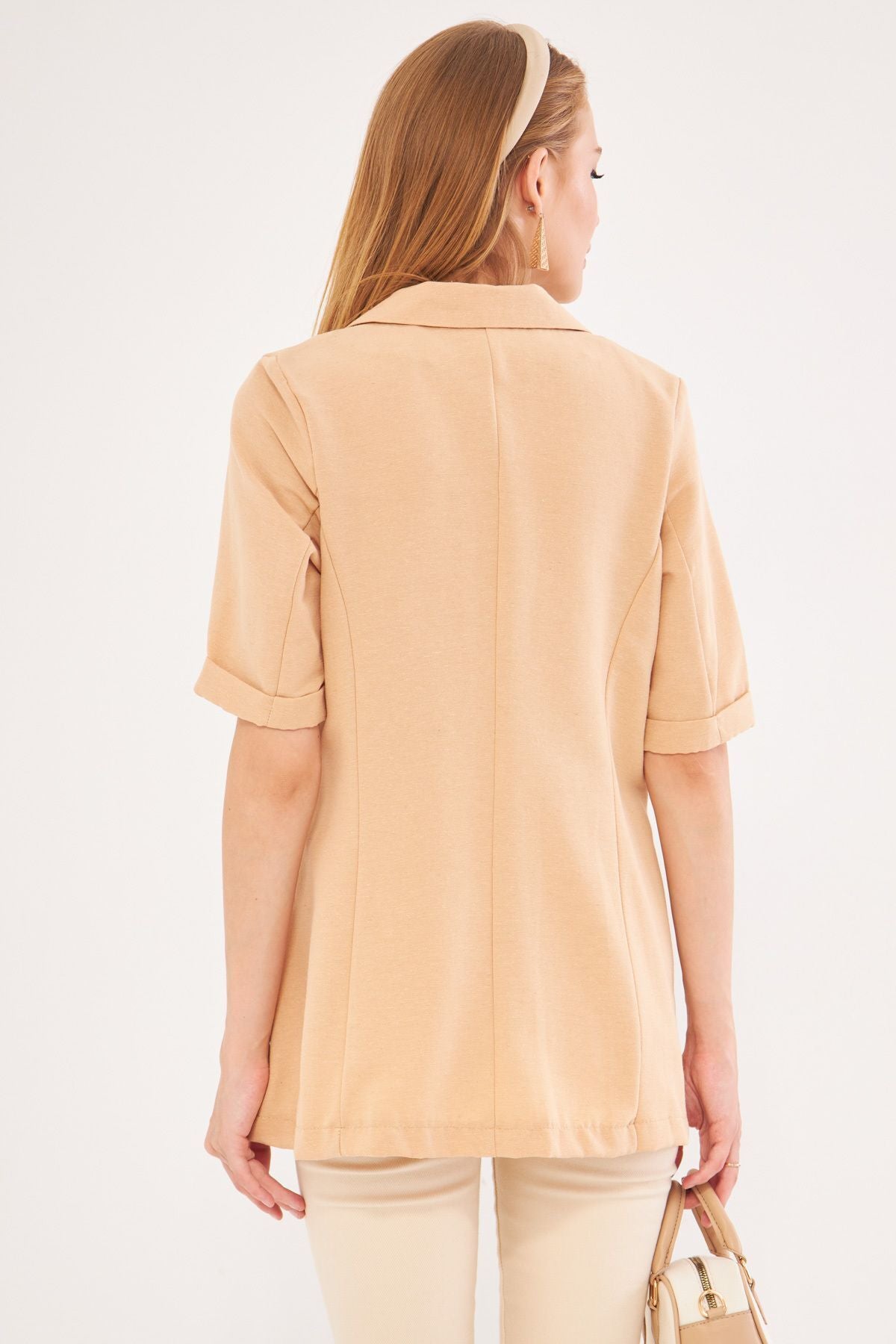 Female Beige Short Arm two buttoned oversize jacket ARM-24Y001086