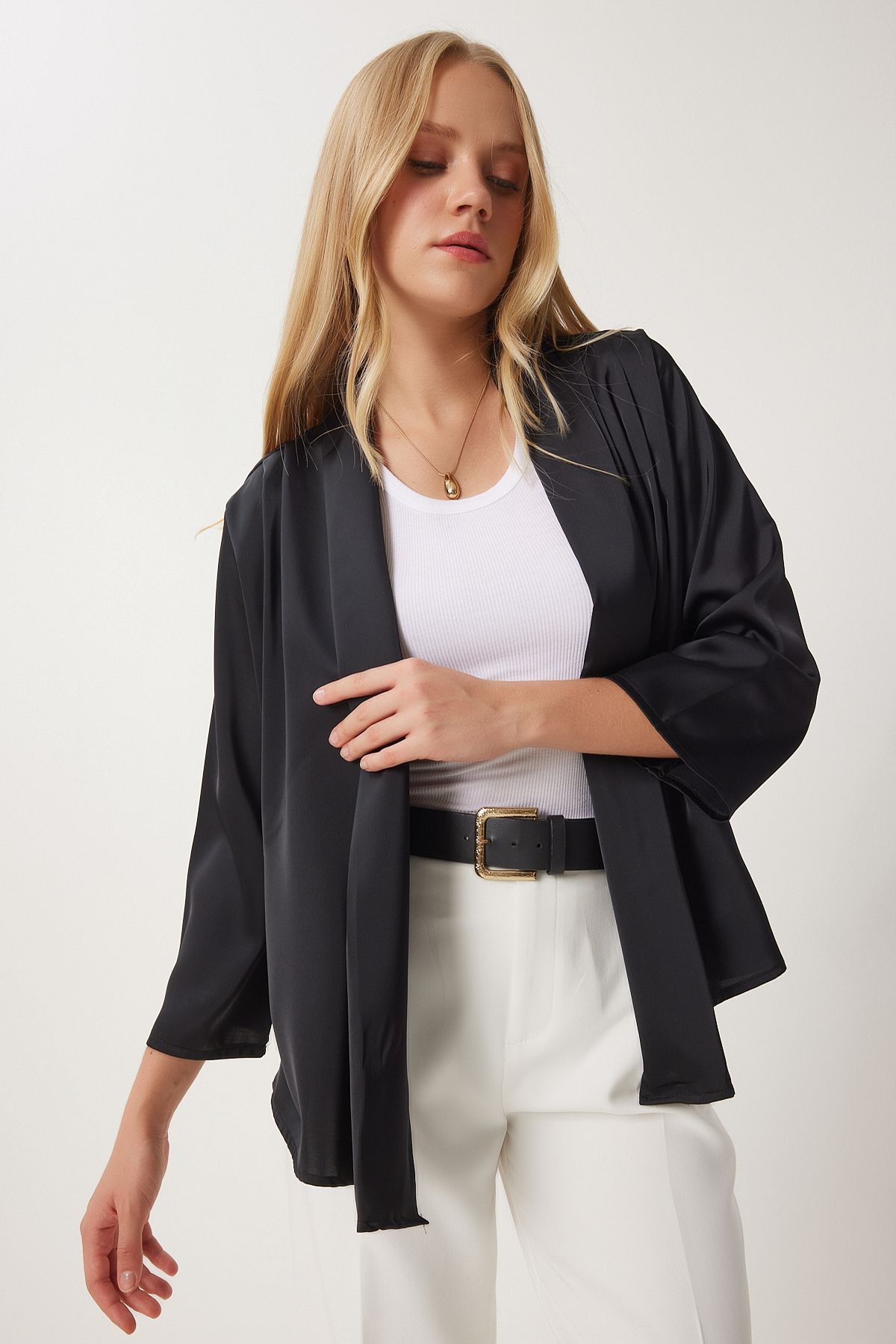 Female black shawl collar elegant satin surface jacket mc00291