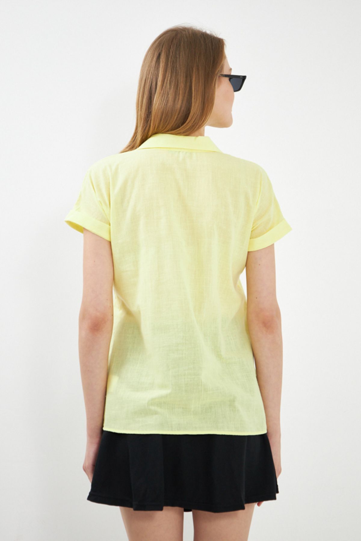 Woman Yellow Short Sleeve Linen Shirt ARM-24Y001038