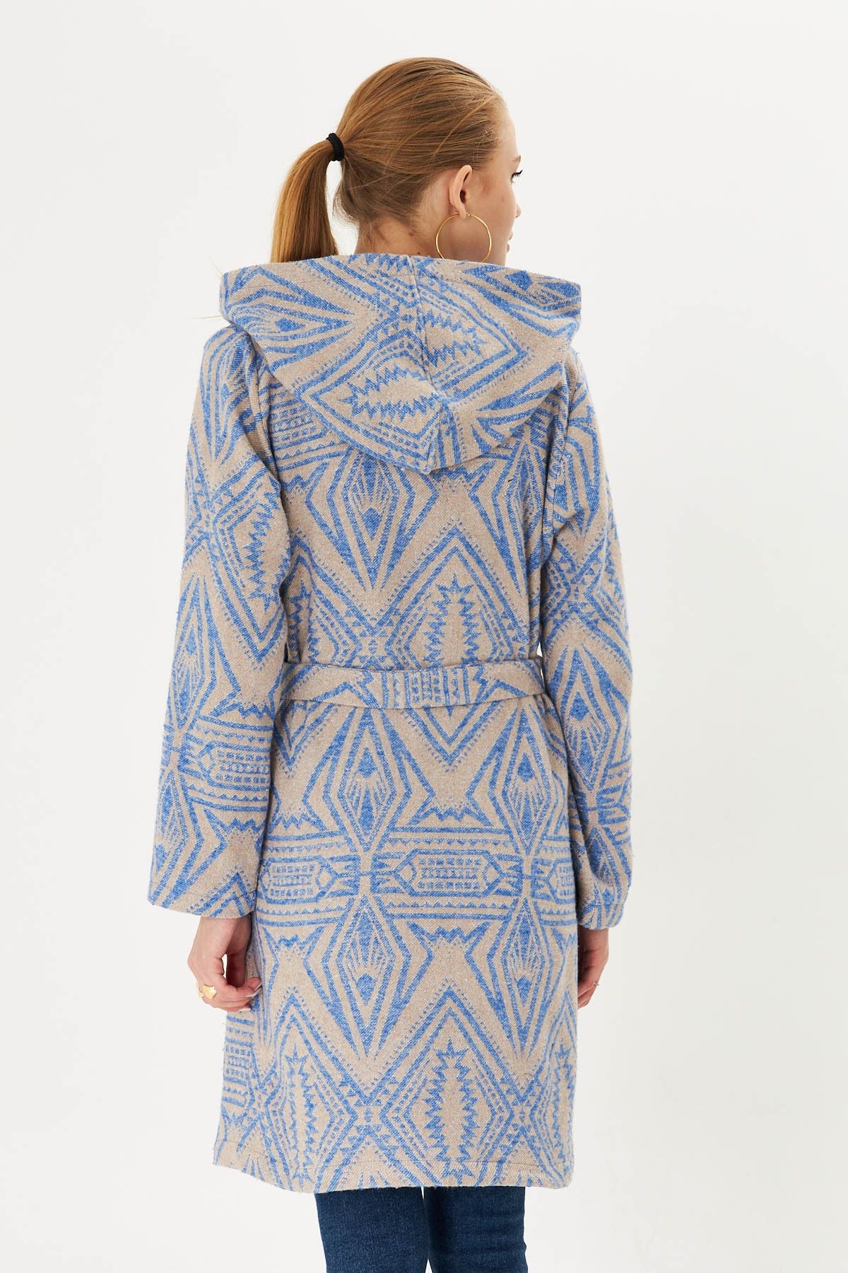 Woman Blue Hooded Waist Tie Mobile Detailed Coat Arm-25k001054