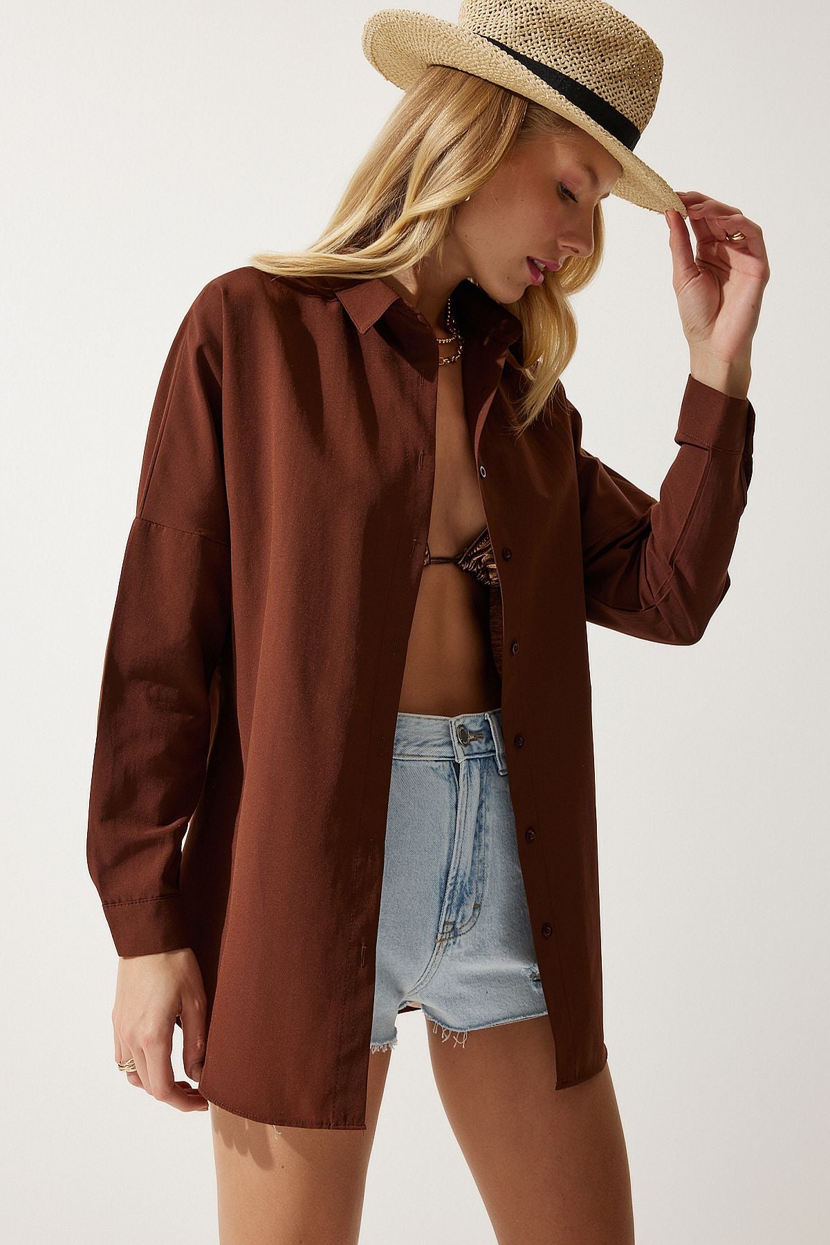 Woman Chocolate Oversize Long Basic Shirt DD00842