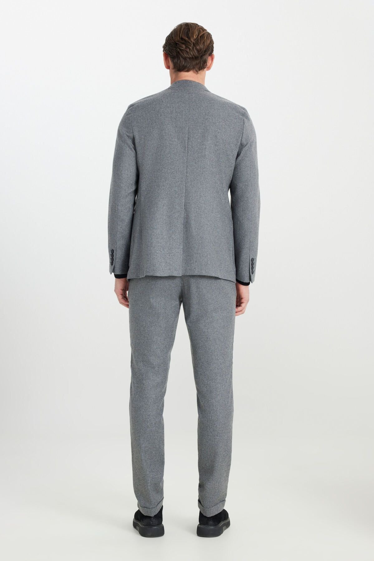 Men's gray woolen slim fit narrow -cut mono collar waist tied bag pocket suit suits
