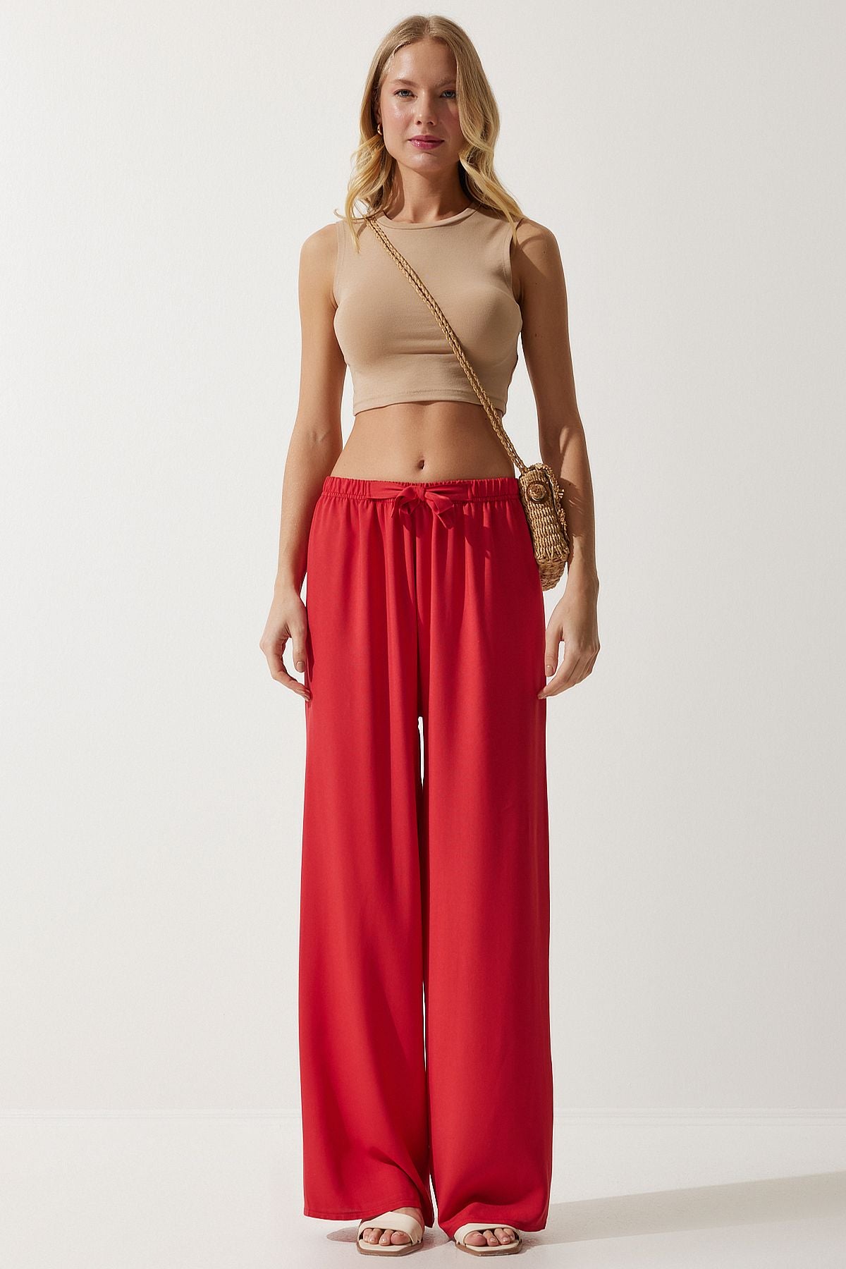 Woman Red Summer Viscose Palazzo Pants EN00610