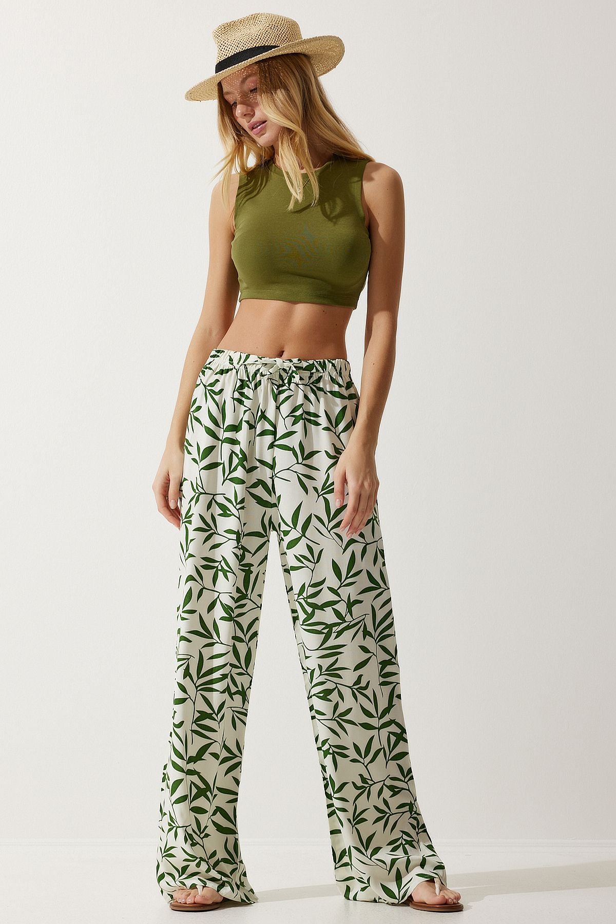 Female Ecru Green Patterned Viscose Palazzo Pants EN00606