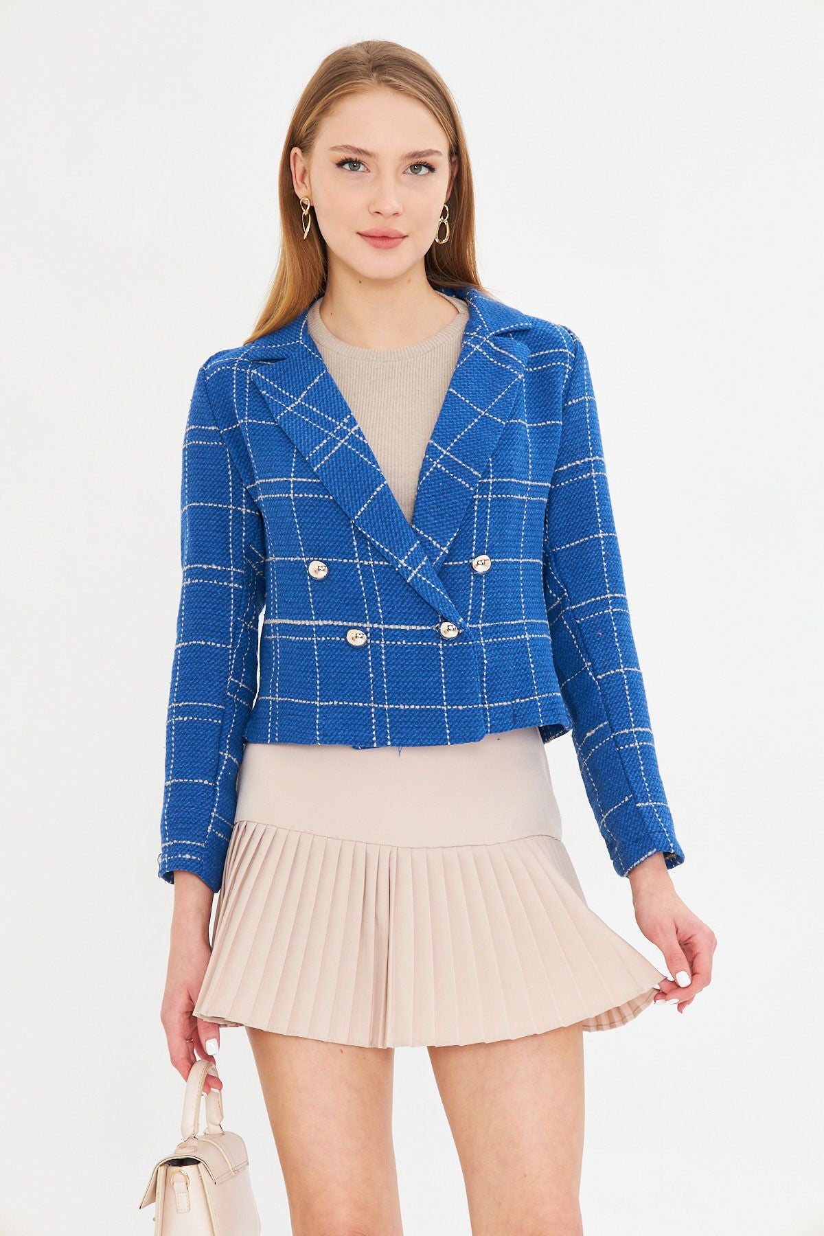 Female Saks-Bej Krovazer collar Tüvit Crop jacket ARM-24K001014