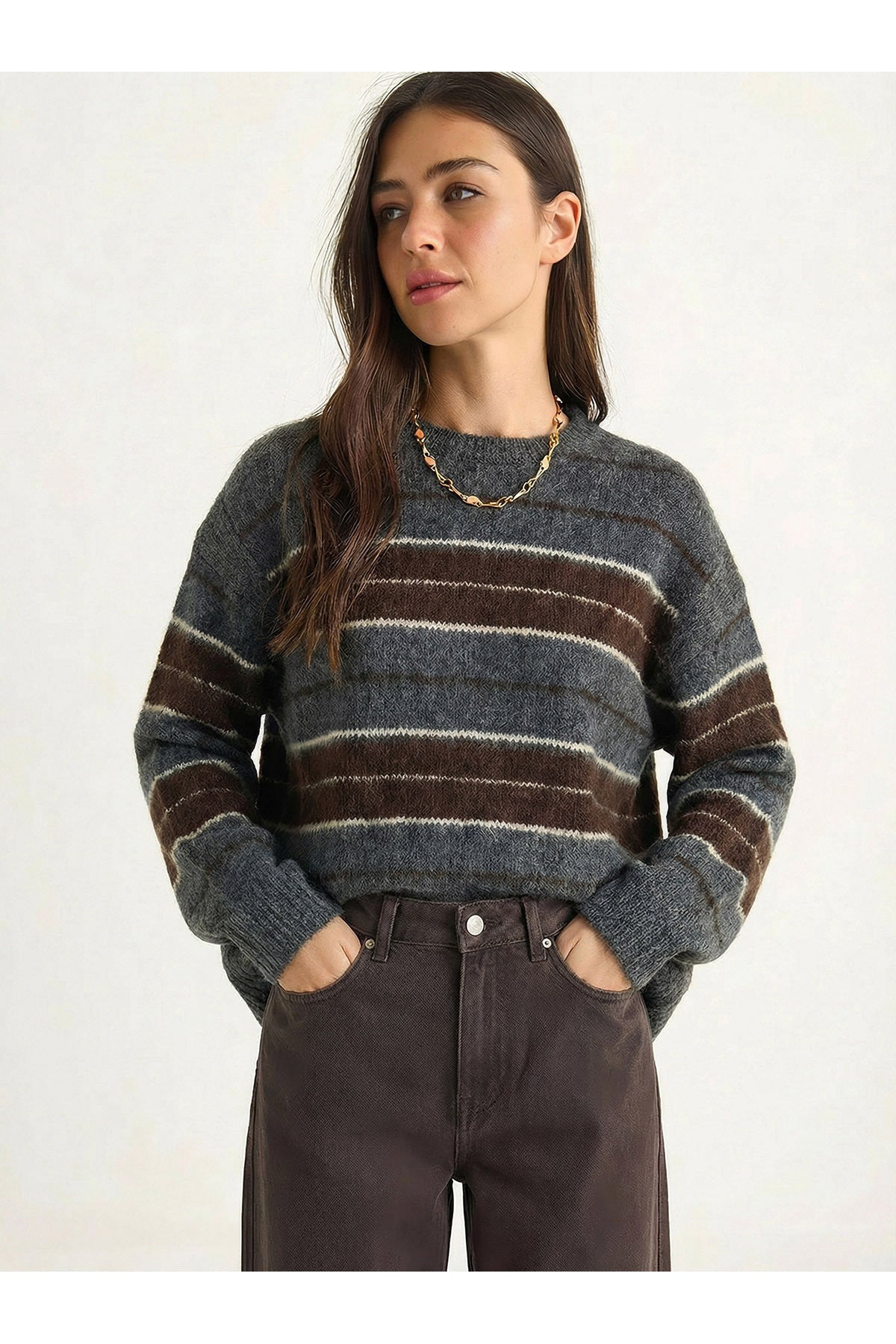 Women's Crew Neck Rose Gold Striped Basic Sweater 20251128