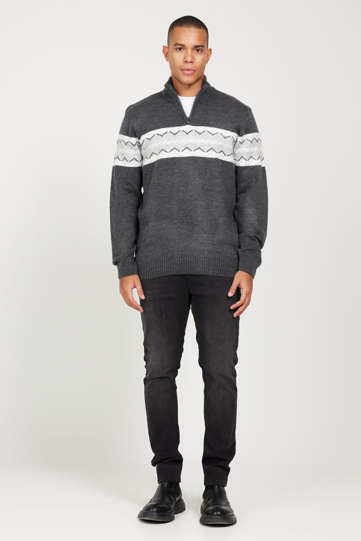 Men's smoked-gray standard fit Normal cut upright collar woolen chart soft textured knitwear sweater