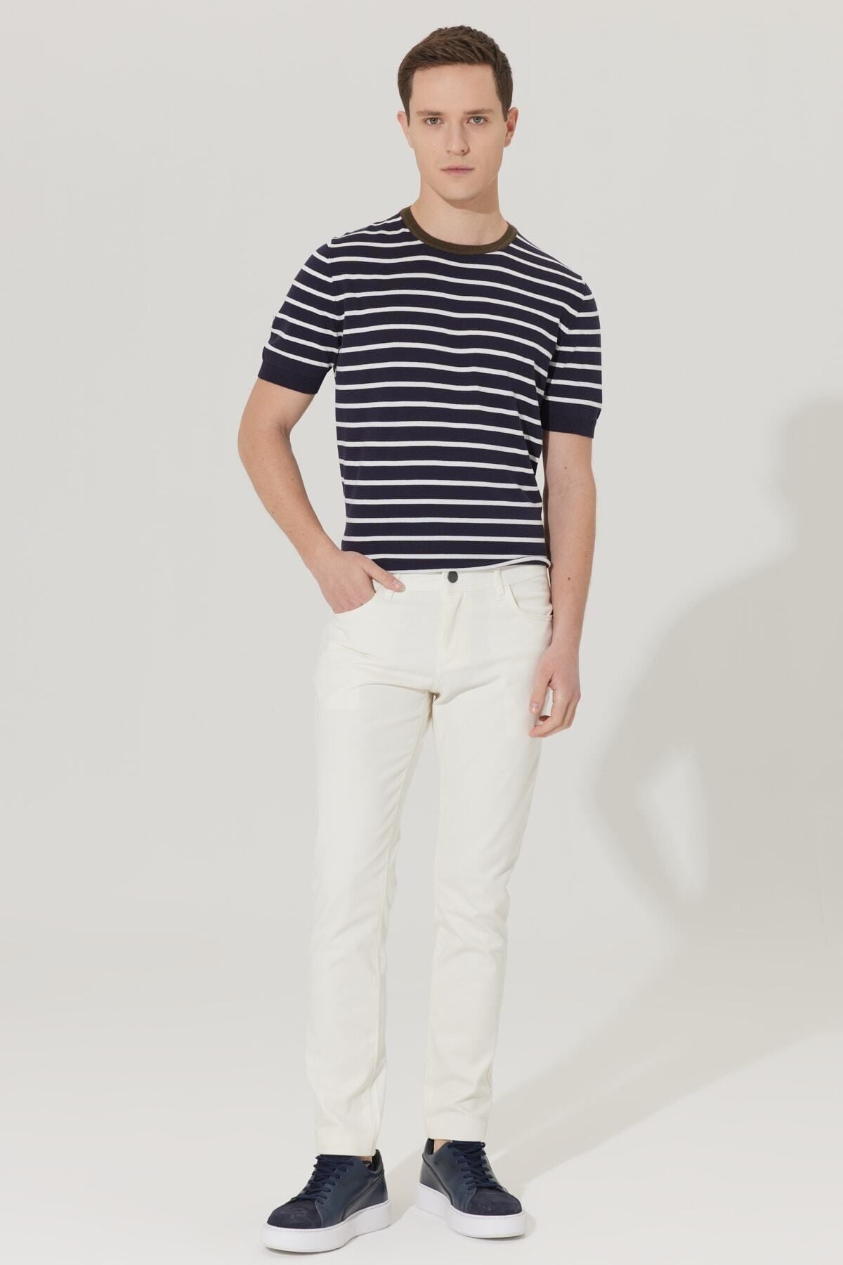 Men's ecru slim fit narrow cut 5 pocket cotton canvas flexible chino pants