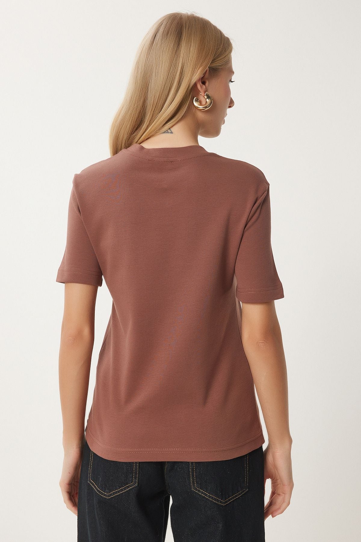 Female Brown Cotton Basic Knitting T-Shirt AG00001