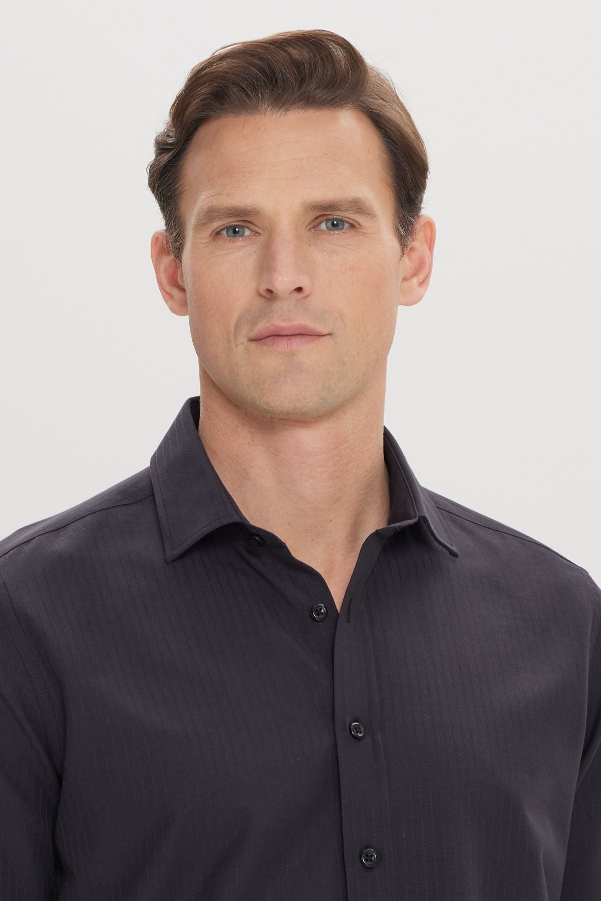 Men's black slim fit narrow cut buttoned collar linen looking 100 %cotton pennant shirt