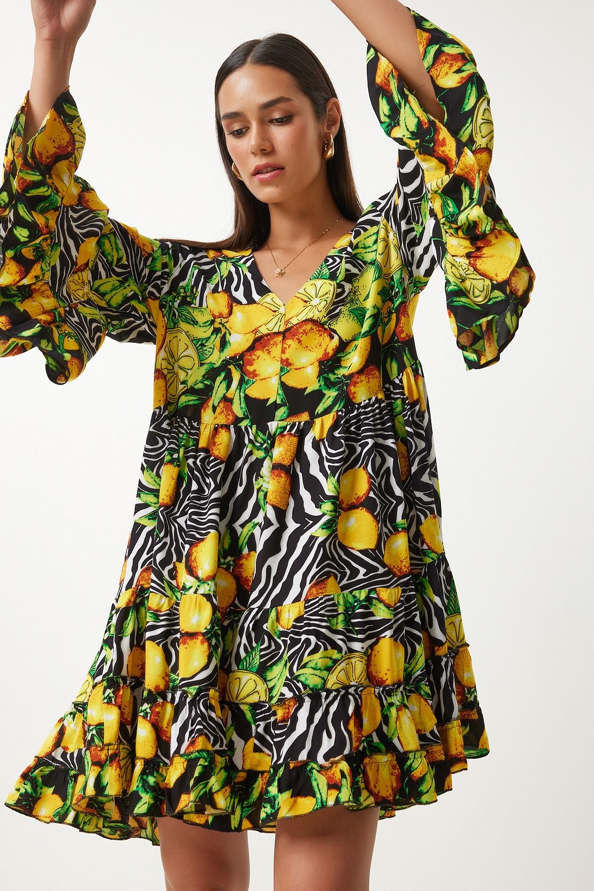 Woman Yellow Black Patterned Summer plenty of viscose dress FN03200
