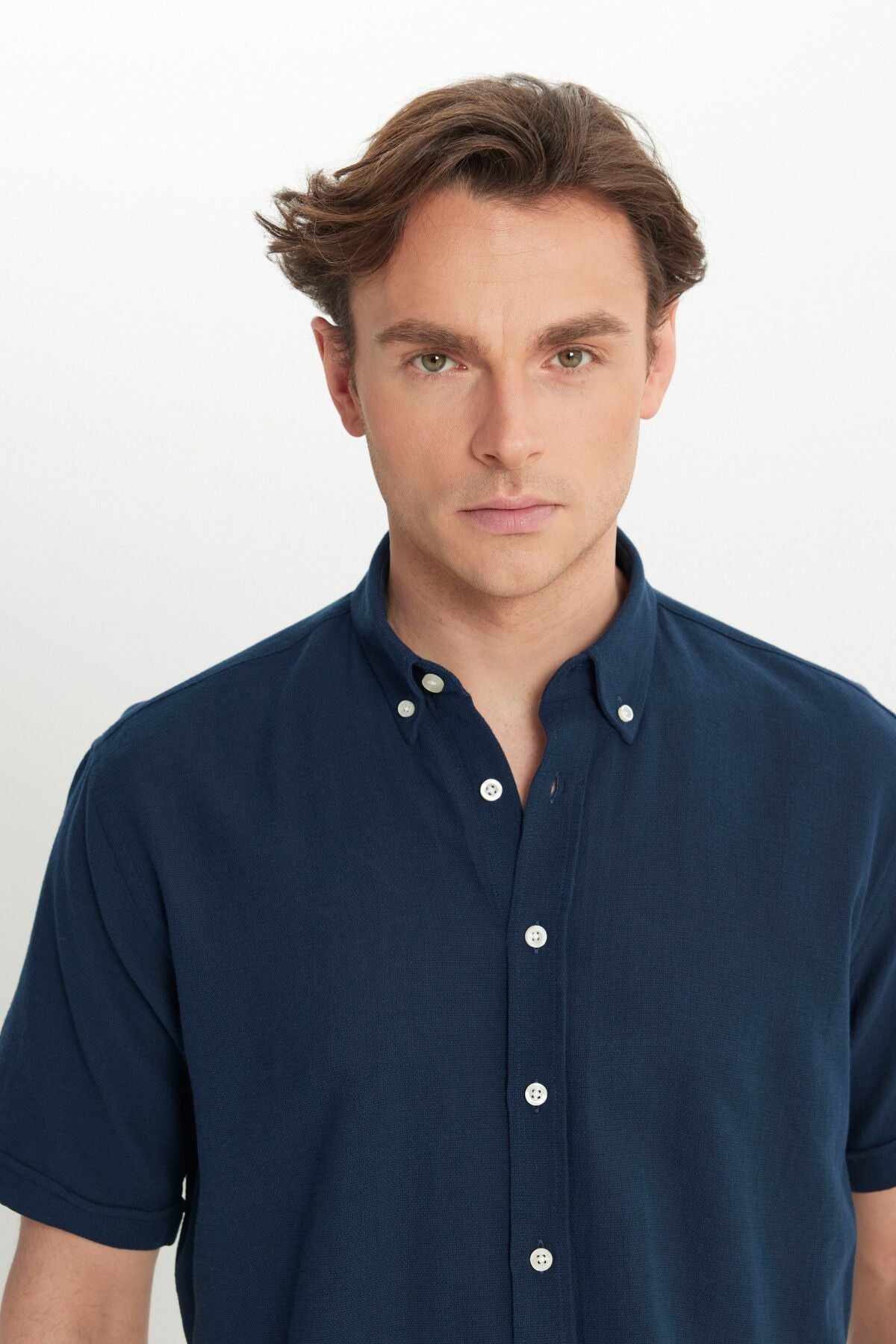 Men's Navy Blue 100 %Cotton Comfort Fit Fit Fit cut buttoned shirt collar Amesty shirt