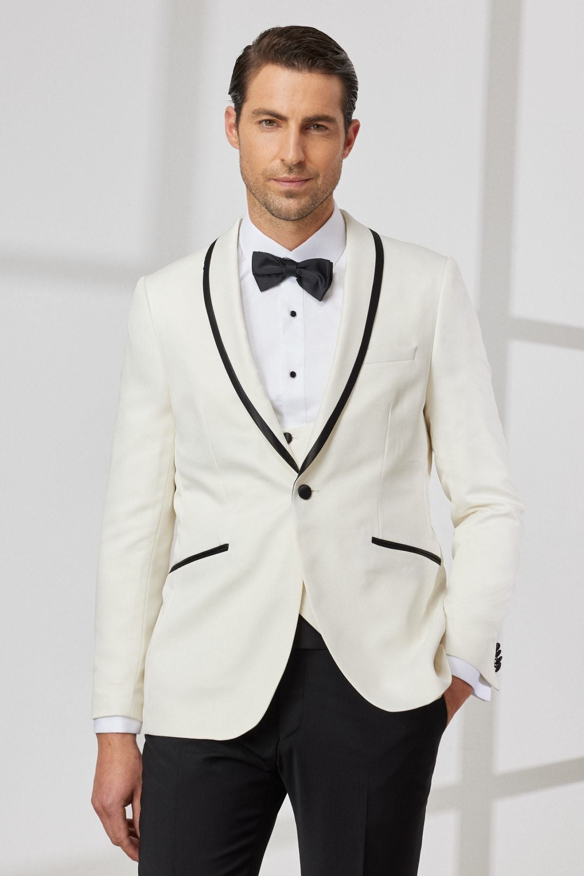 Men's white slim fit narrow cut shawl shawl collar Amelor Vest tuxedo Set