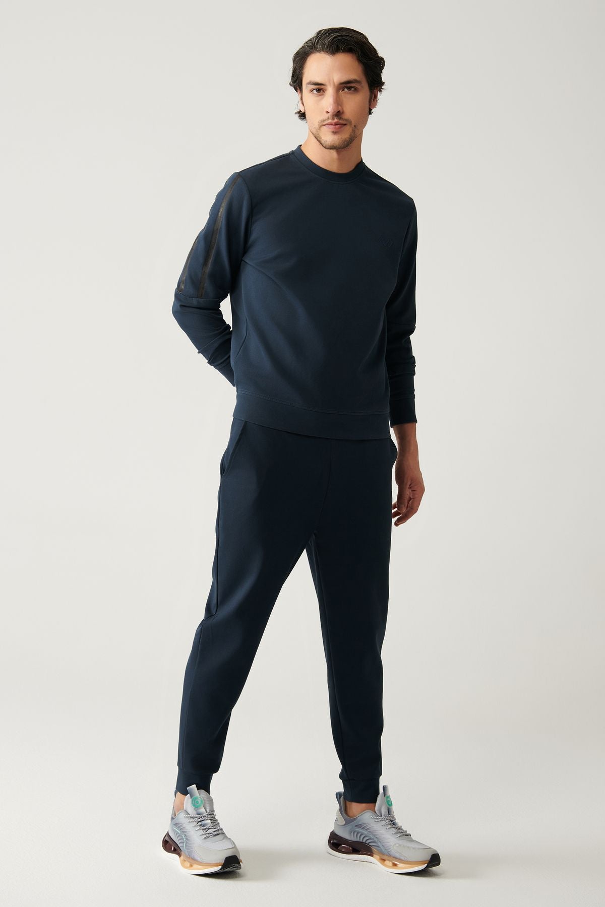 Men's navy blue interlok waist laced cotton tracksuits six A41y3408