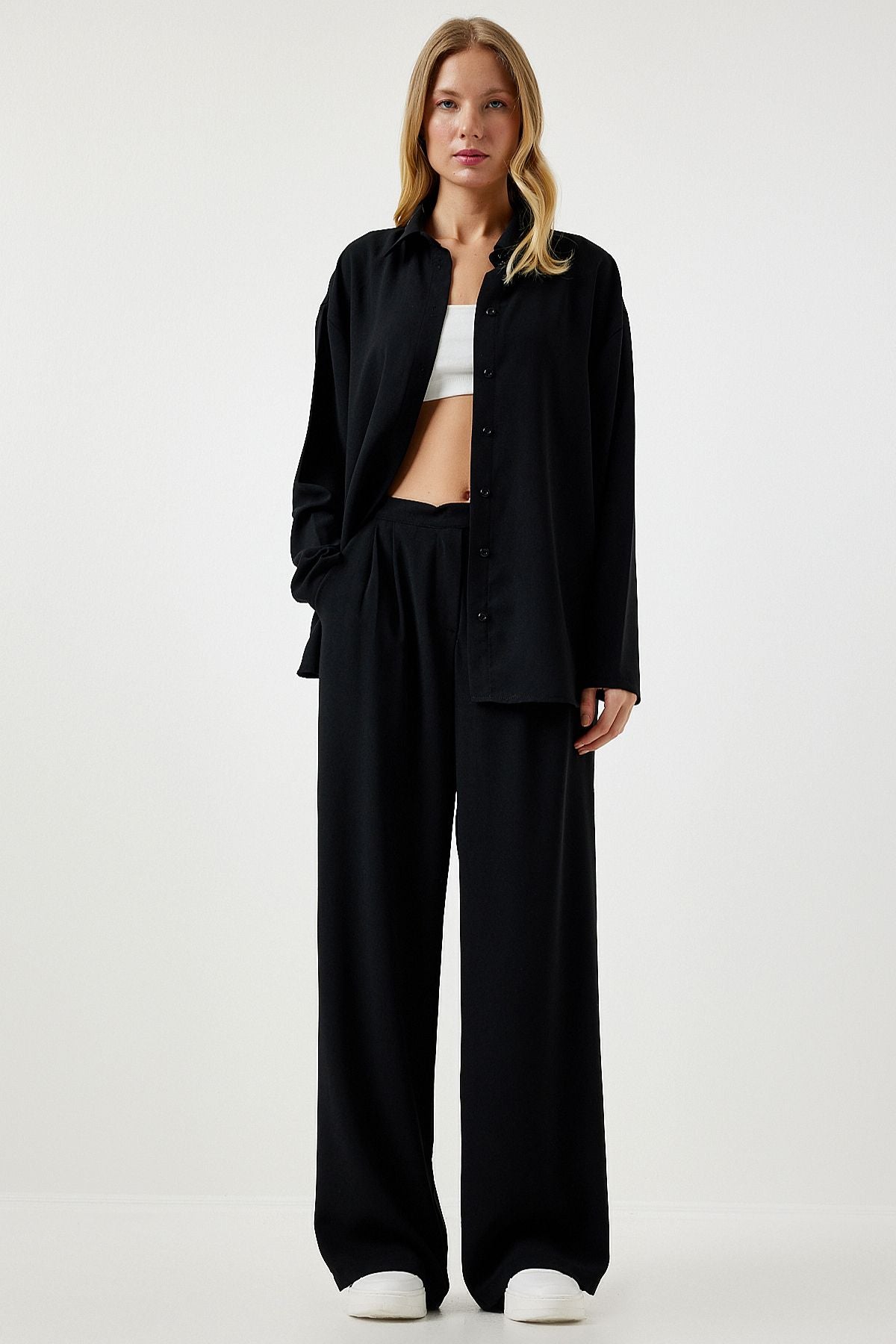 Female black seasonal weaving shirt palazzo pants set RV00174