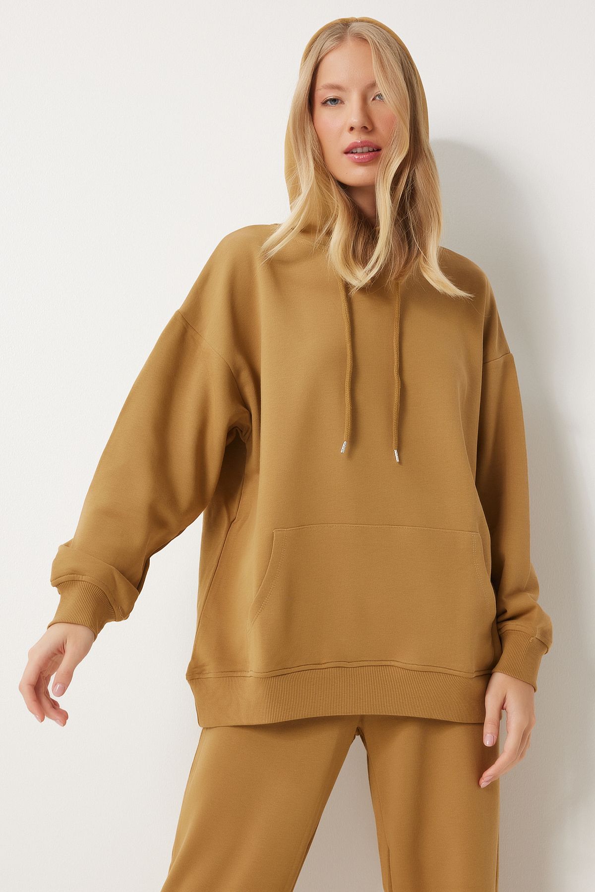 Woman Dark Mustard Hooded Sweatshirt Jogger Oversize Knitting Satatches Pys0027
