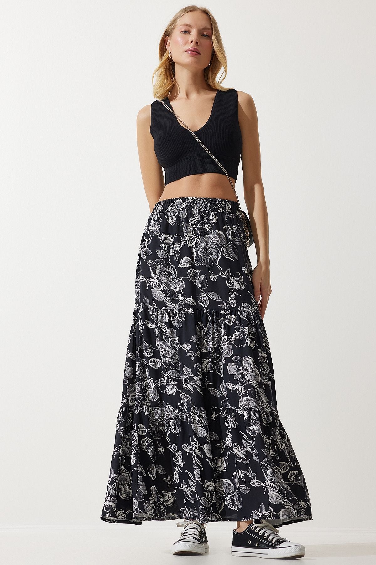 Female Black Flower Patterned Volan Viscose Skirt DD01310