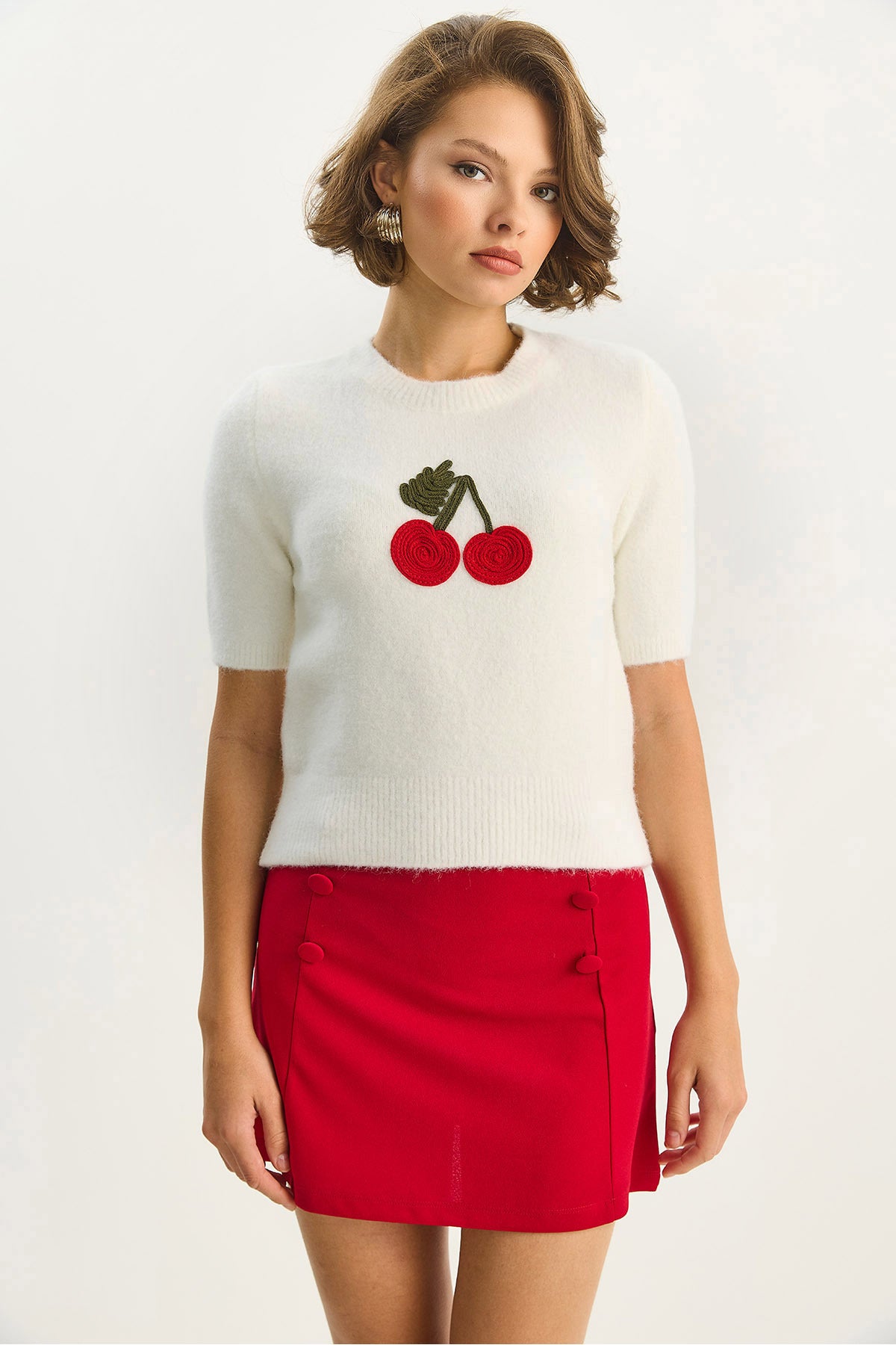 Women's Crew Neck Short Sleeve Cherry Knit Embroidery Knitwear Blouse 5079 60283588