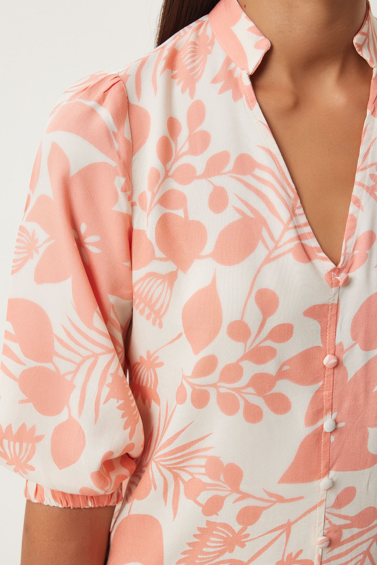 Female peach patterned dominant collar viscose dress FN03229