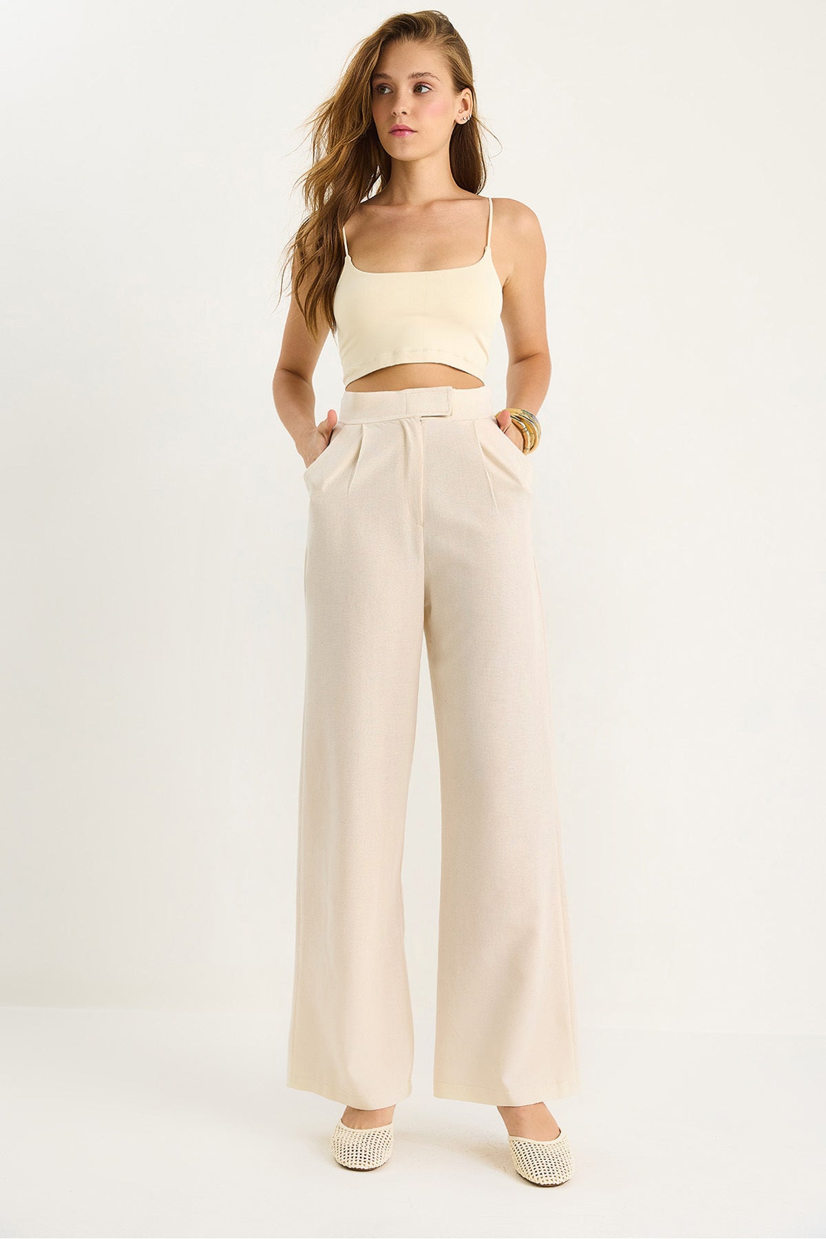 Women's Velcro Pocket Detailed Linen Palazzo Trousers 3877 60281098