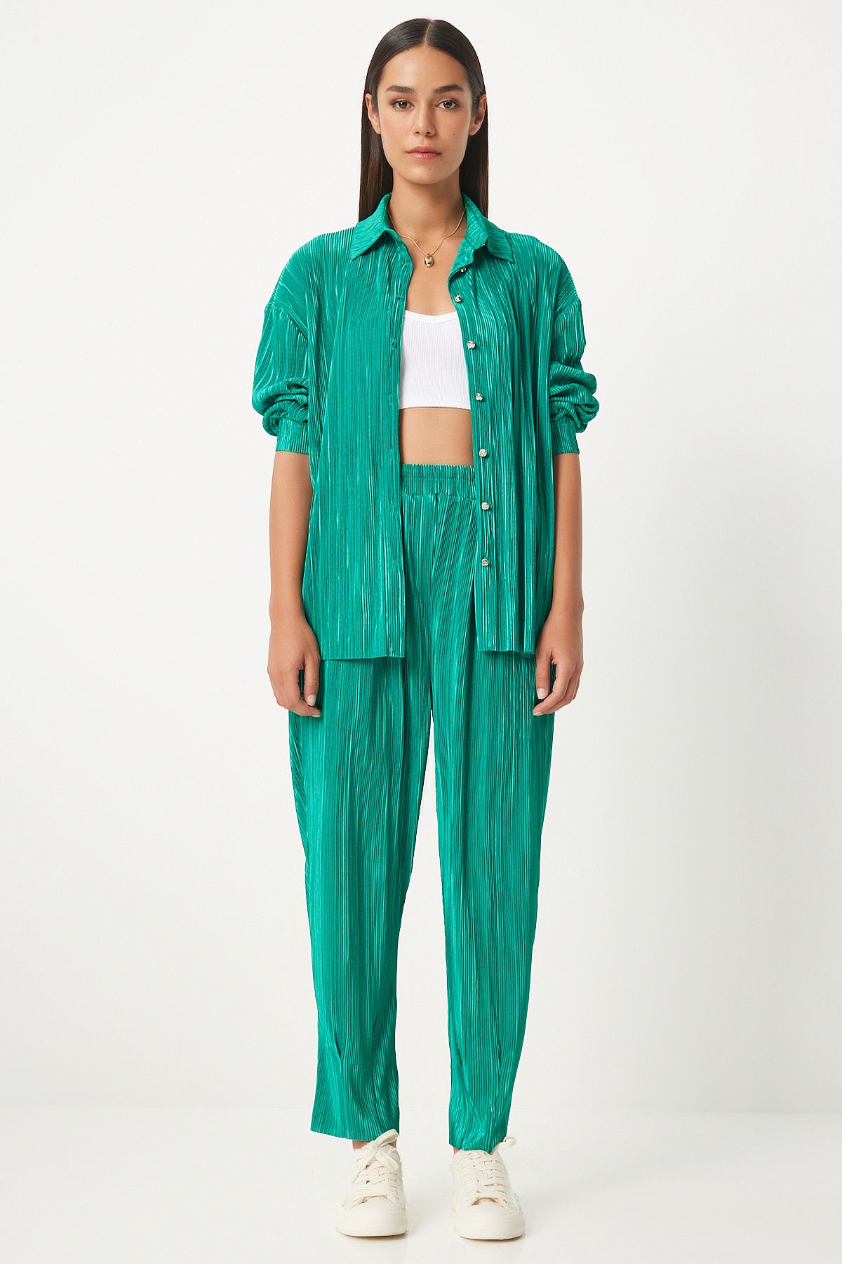 Female Green Stylish Buttoned Filis Pants Pants Set FN03235