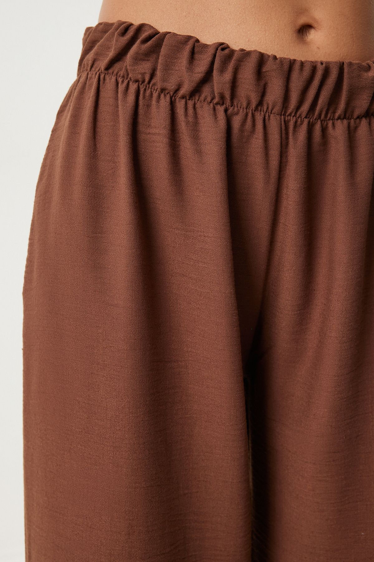 Female brown wide pocket linen mixed shirt pants set FN03205