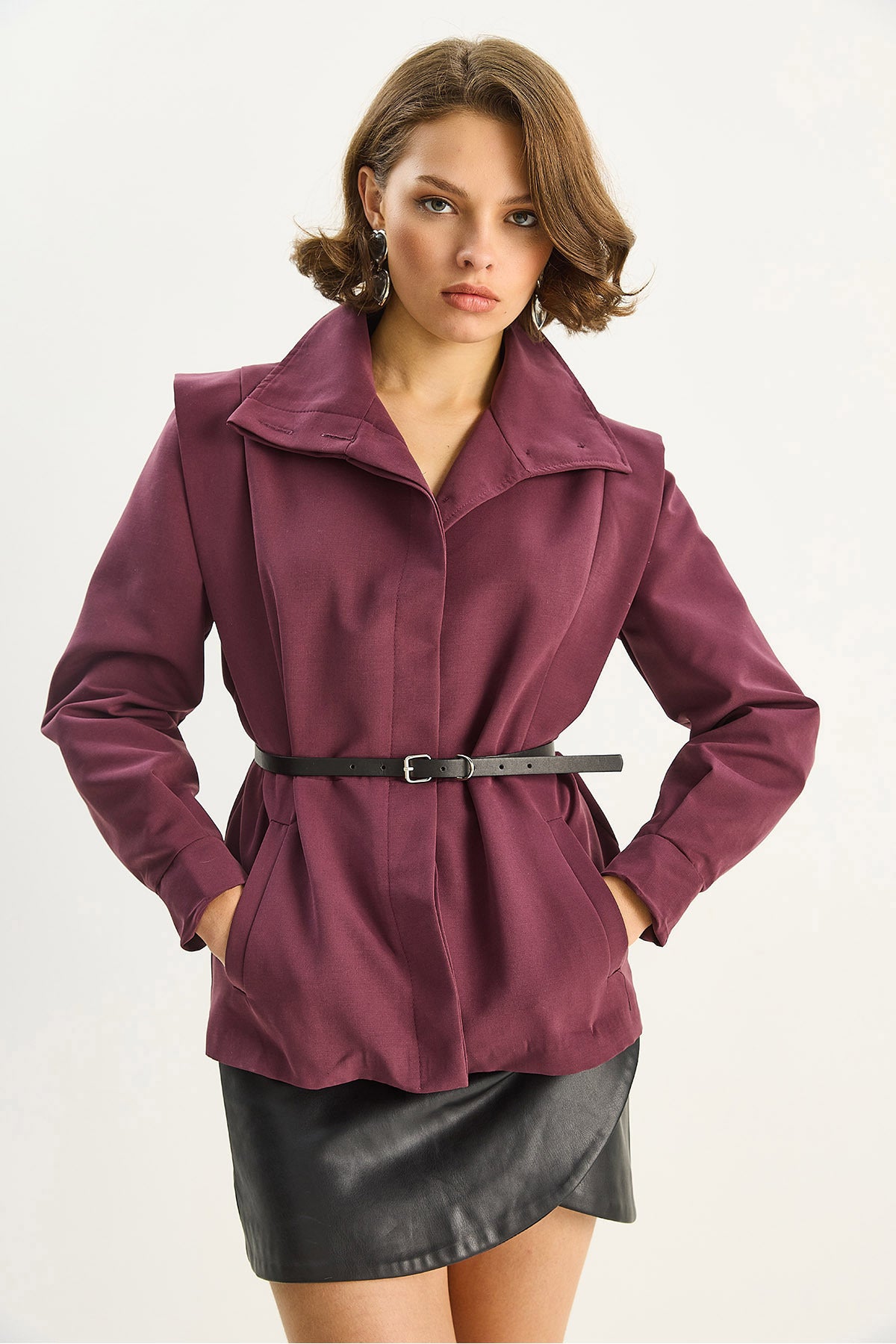 Women's Structured Shoulder Detailed Belted Lined Jacket 0214 60283728
