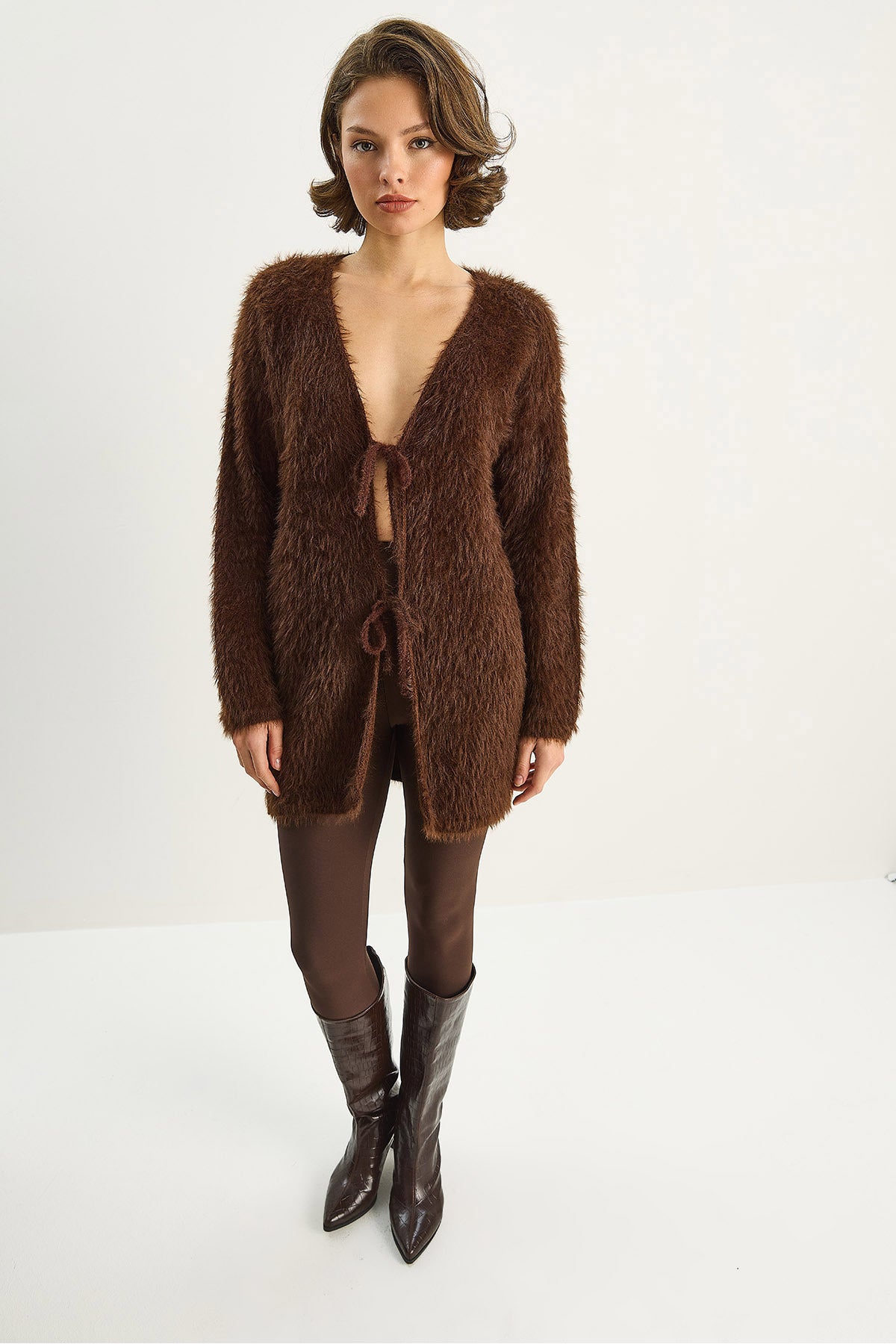 Women's Bearded Soft Textured Knitwear Cardigan with Tie Detail 9064 60283754