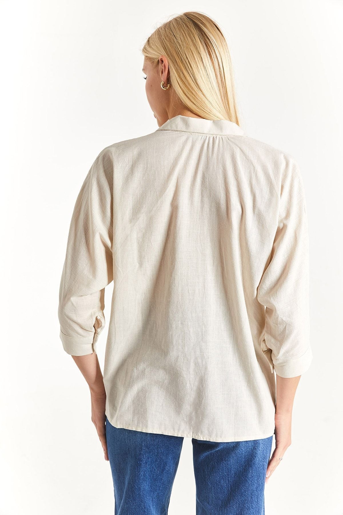 Woman Open Beige Pocket Set Linen Shirt ARM-21Y001035