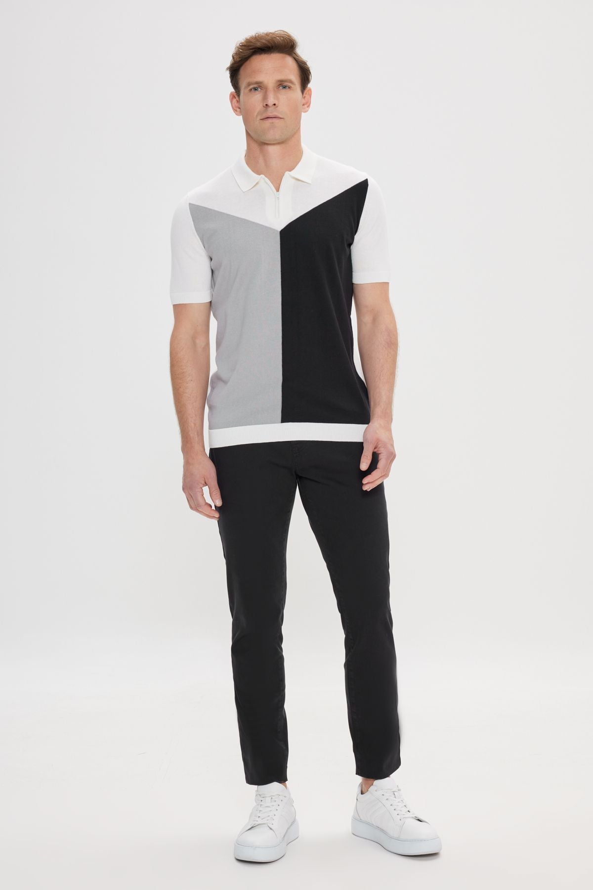 Men's ecru-gray standard fit normal cut 100 %cotton color block Polo Yaka knitwear T-shirt