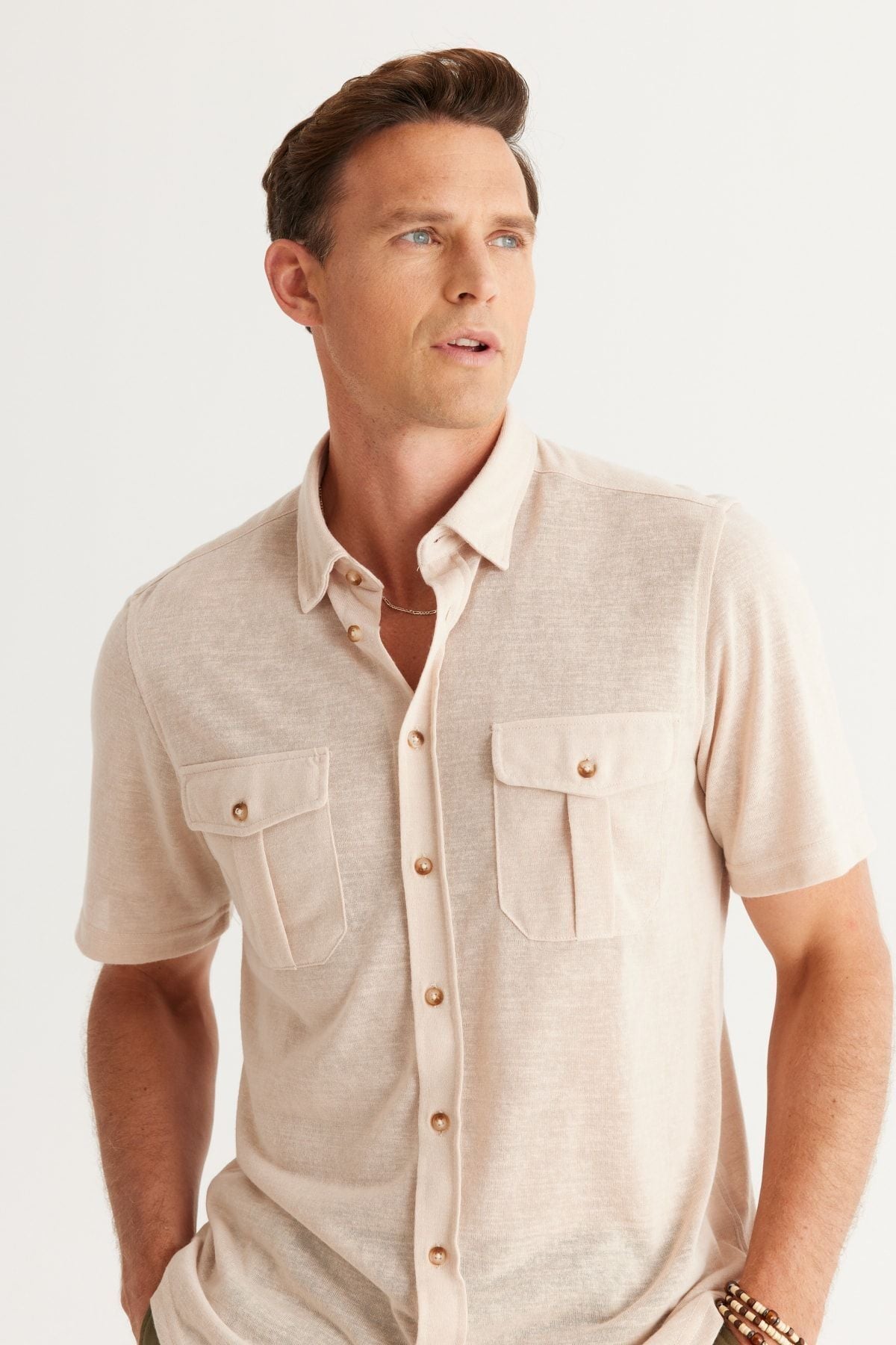 Men's Beige Slim Fit Narrow Cut Hidden button shirt with short sleeve pockets