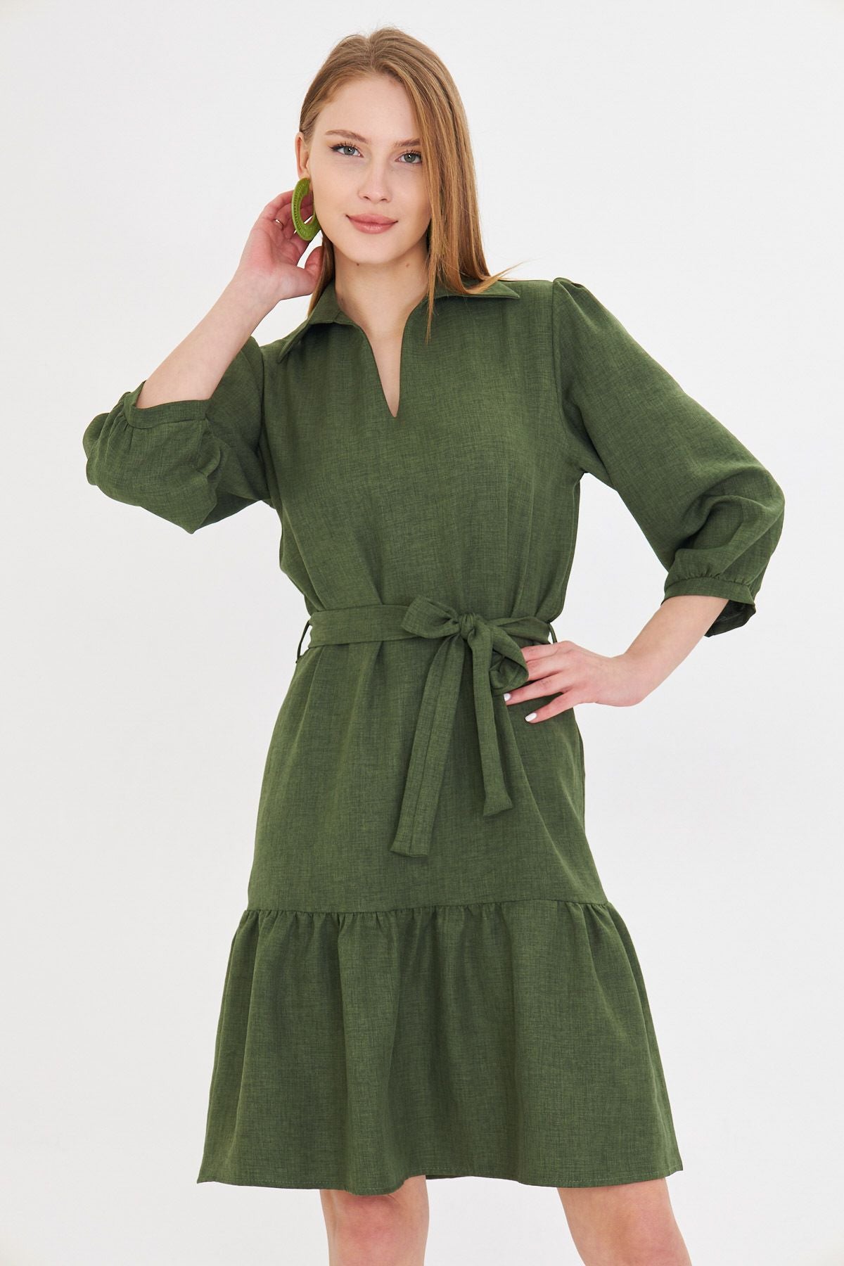 Female Green Shirt Neck Quarter Arm Waist Belled Skirt Shirred Dress ARM-25Y001010