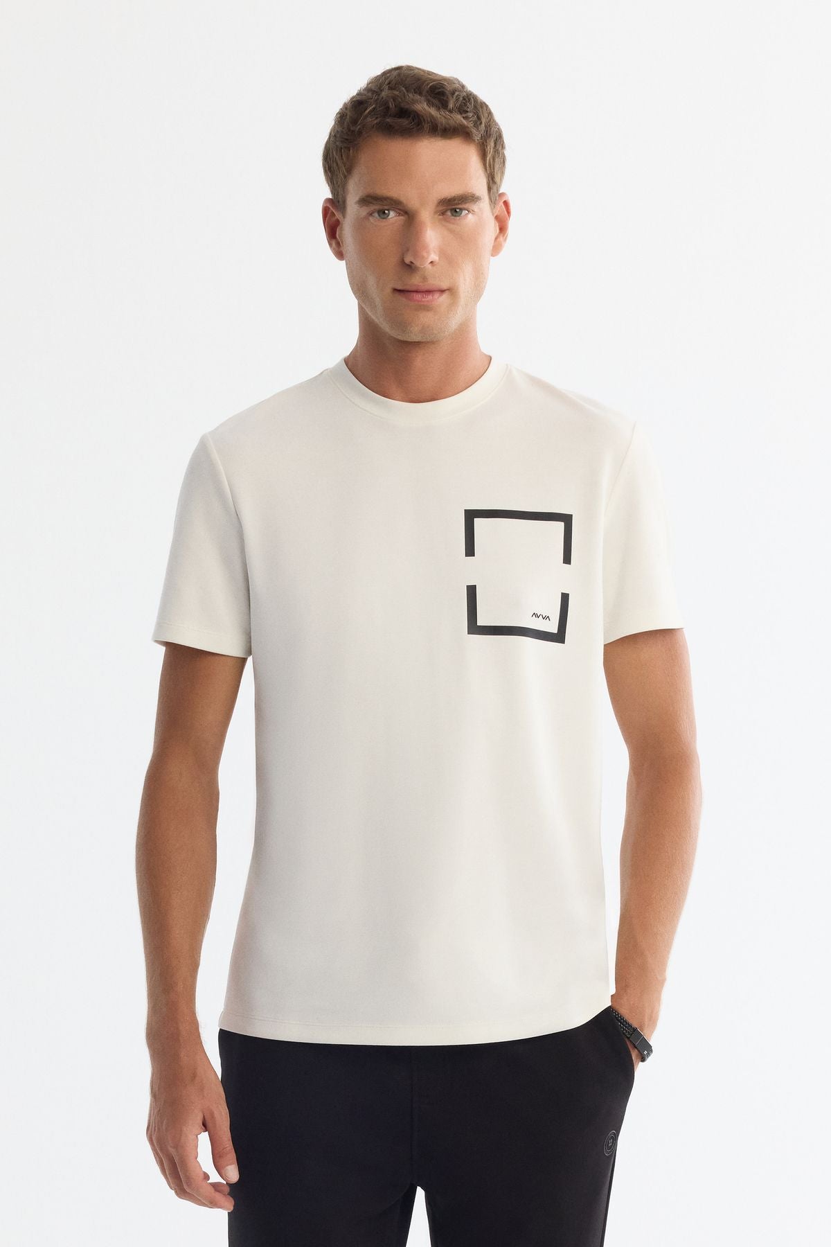 Male Ecru Bicycle Collar Printed Elastan T-Shirt A42Y1020